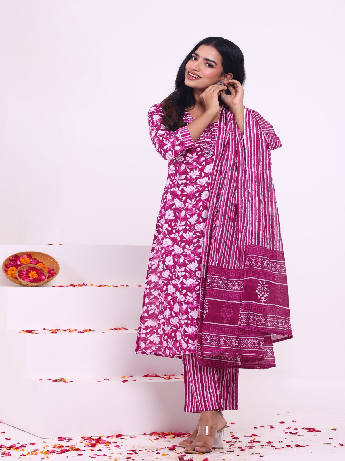 Rangvastra Blue & Pink Floral Rayon Kurta Set with Dupatta