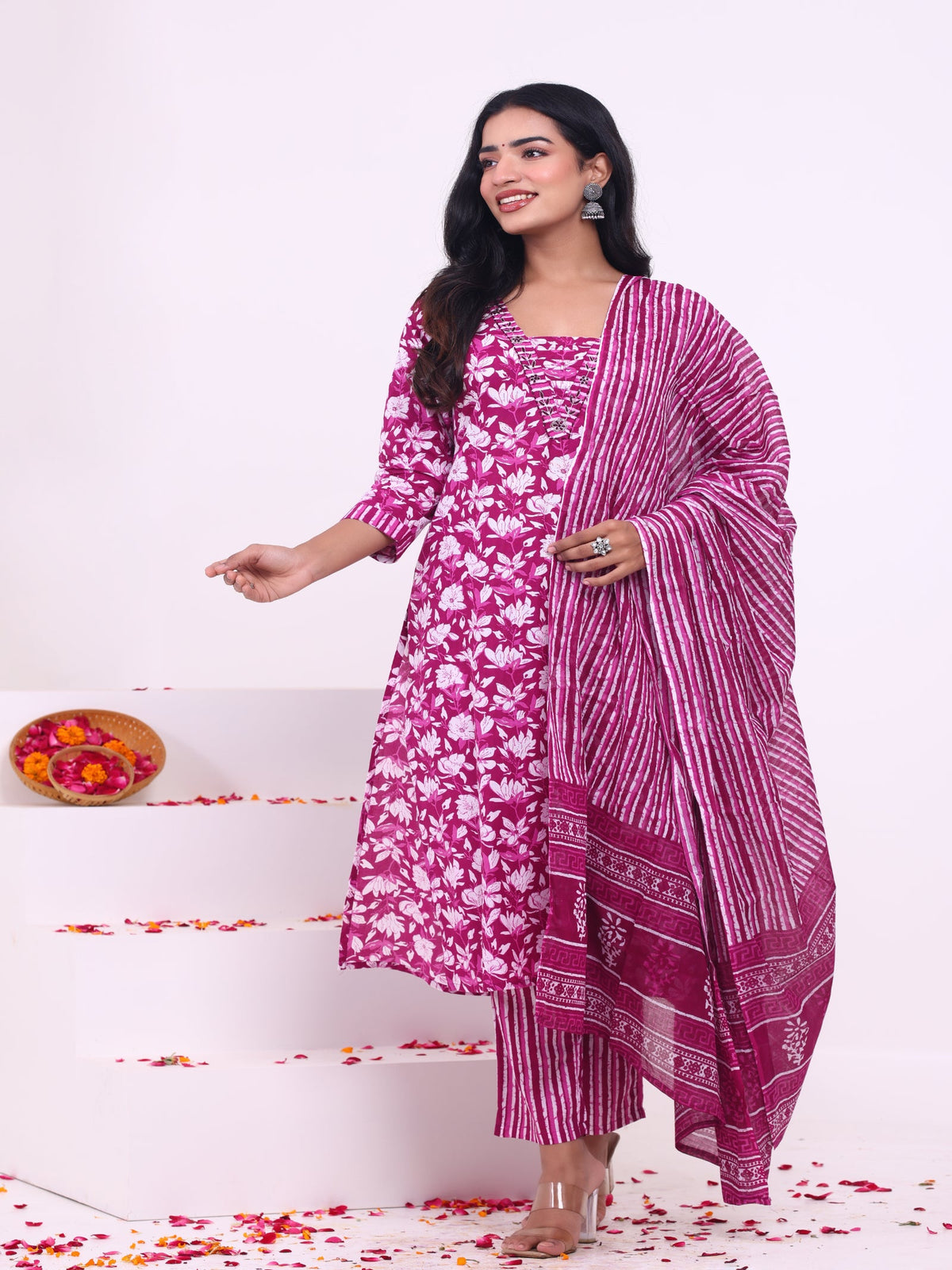Rangvastra Blue & Pink Floral Rayon Kurta Set with Dupatta