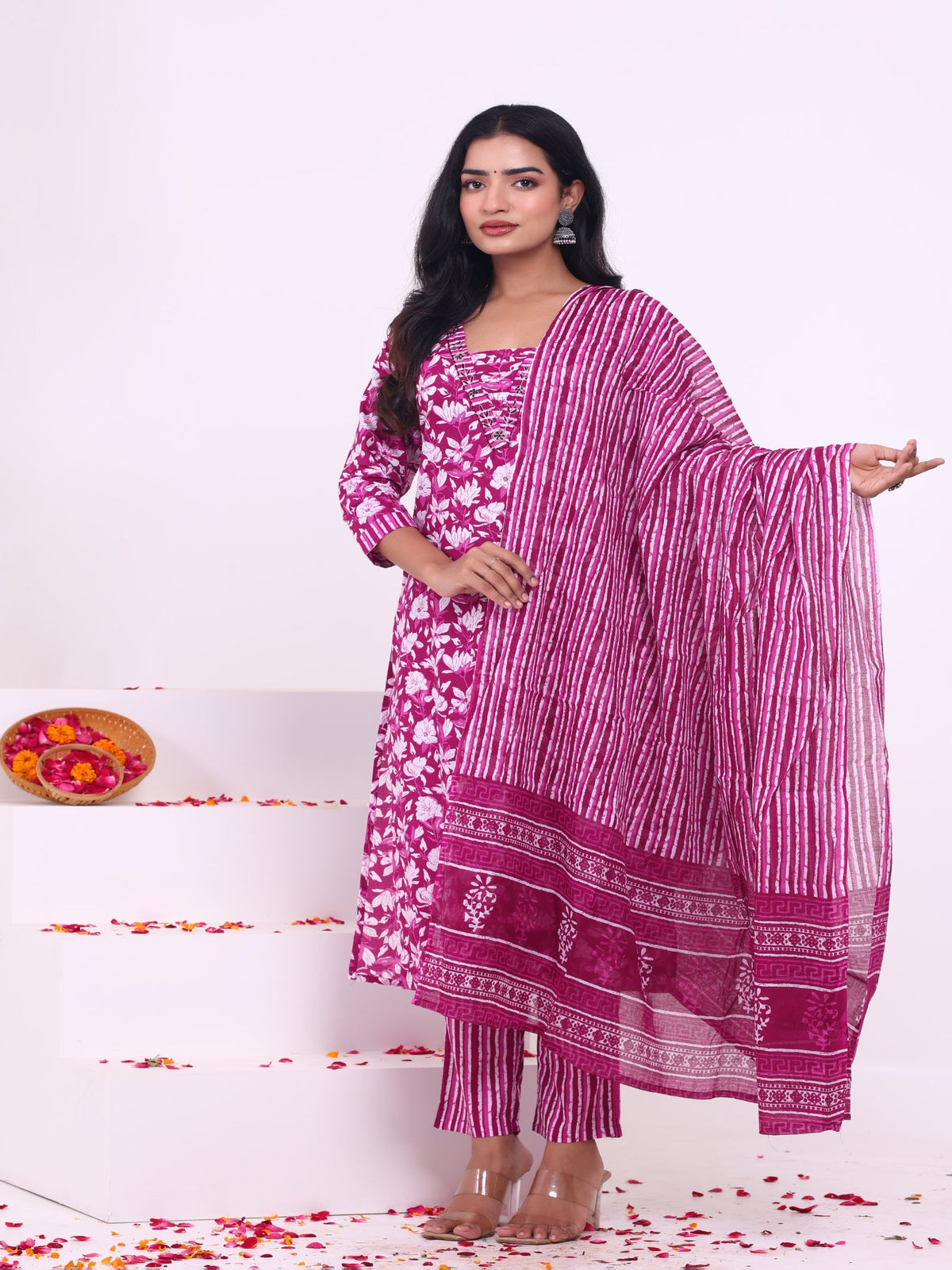 Rangvastra Blue & Pink Floral Rayon Kurta Set with Dupatta