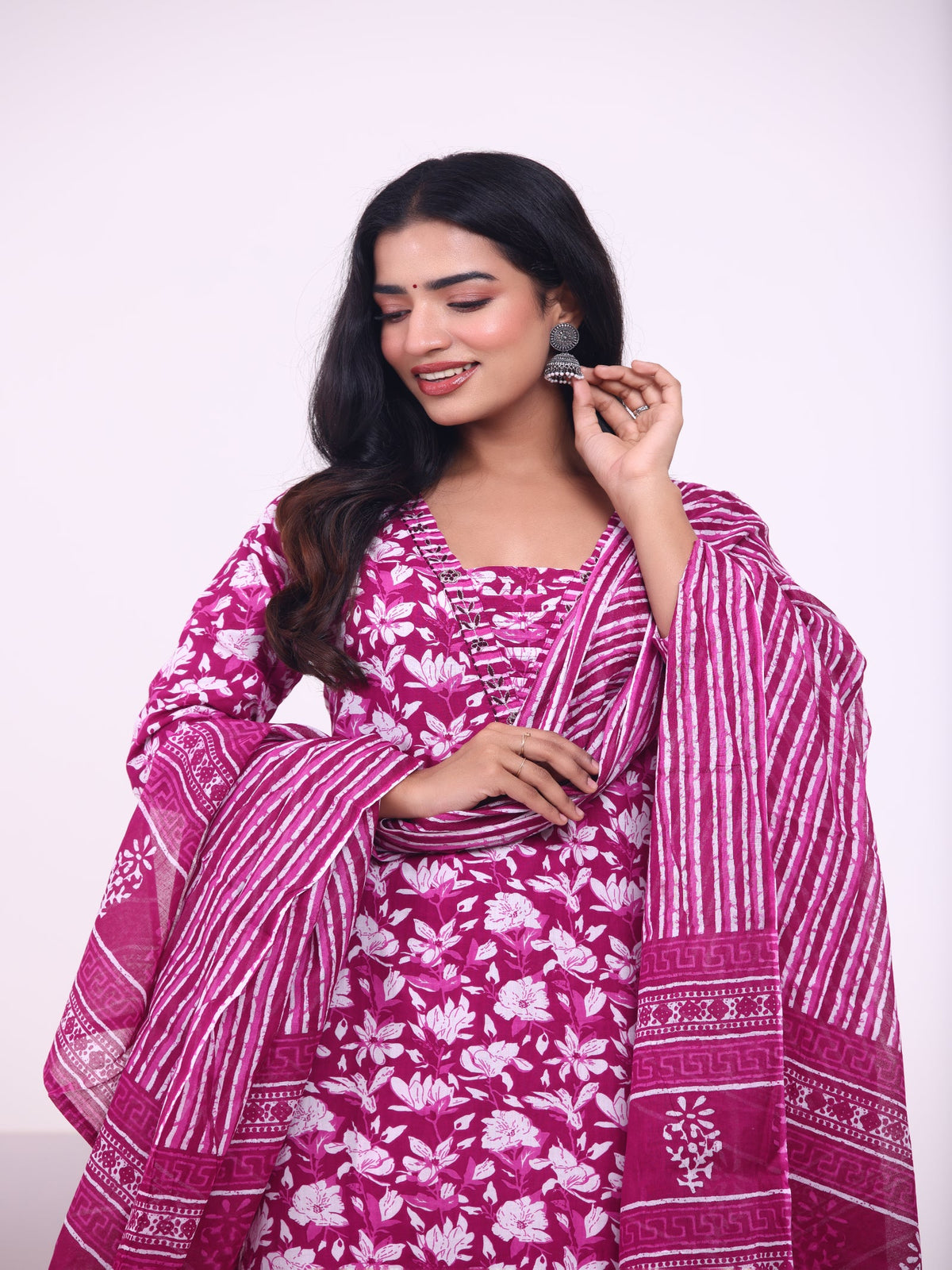 Rangvastra Blue & Pink Floral Rayon Kurta Set with Dupatta