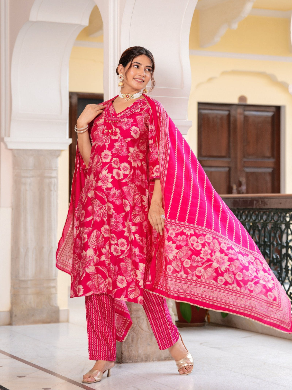 Rangvastra Modal Chanderi Foil Flower Printed Sequins Work Kurta Pant with Dupatta Set