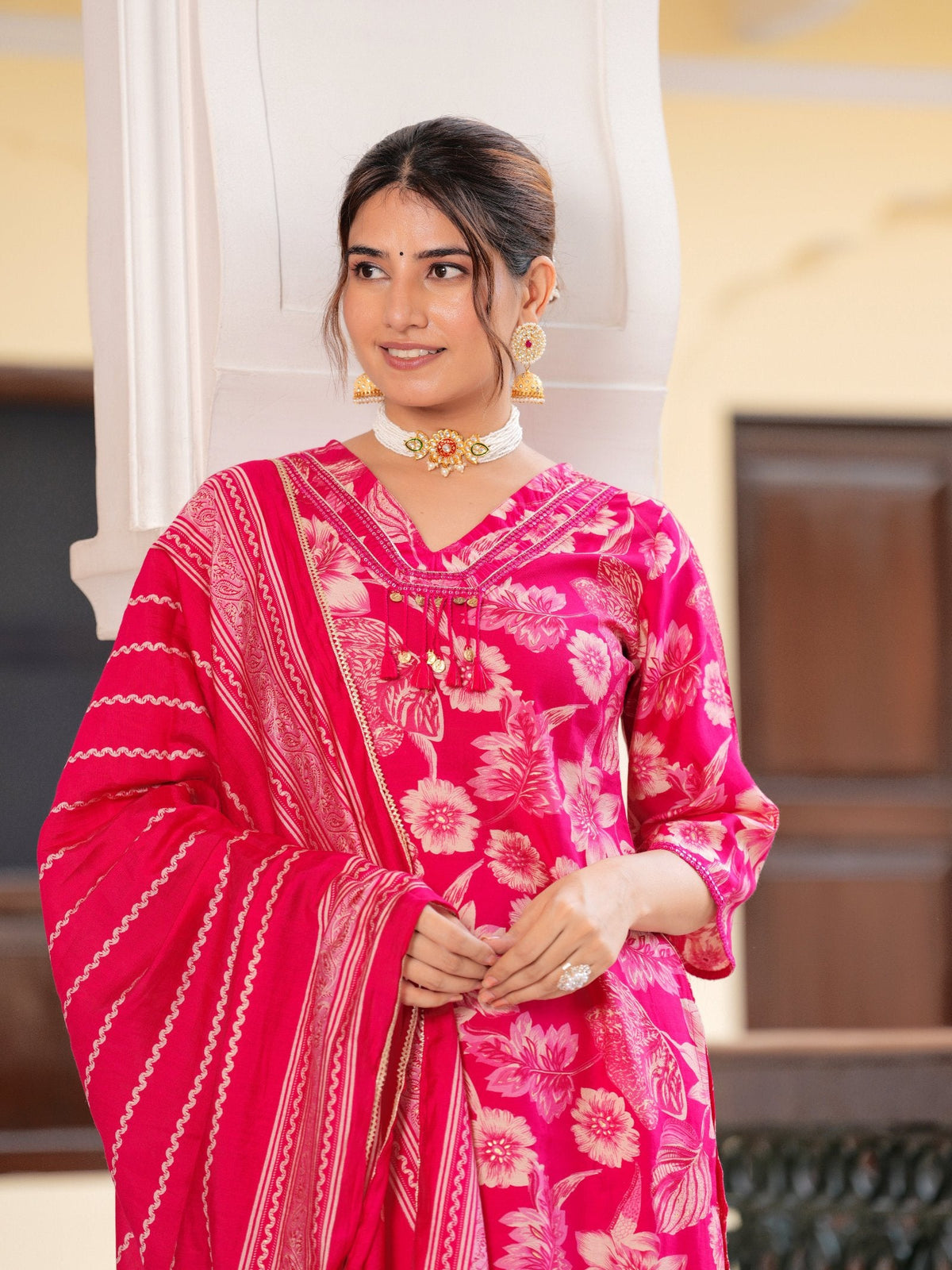 Rangvastra Modal Chanderi Foil Flower Printed Sequins Work Kurta Pant with Dupatta Set