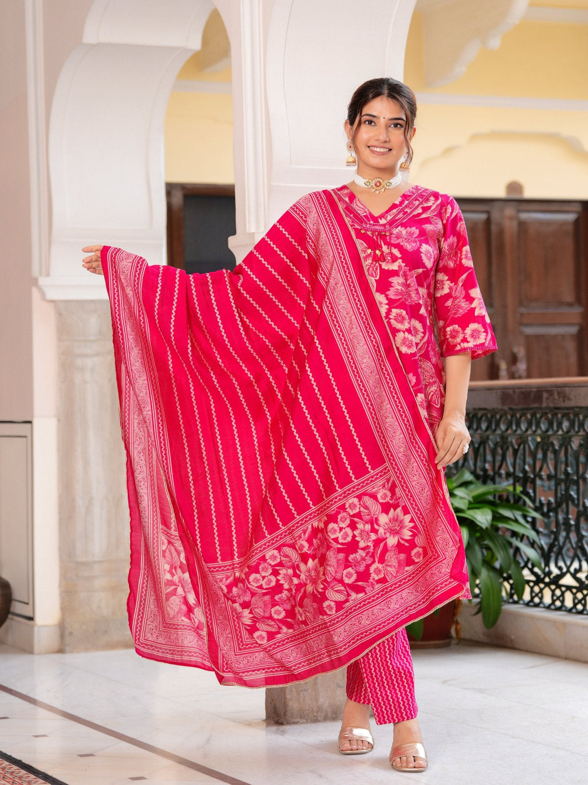 Rangvastra Modal Chanderi Foil Flower Printed Sequins Work Kurta Pant with Dupatta Set