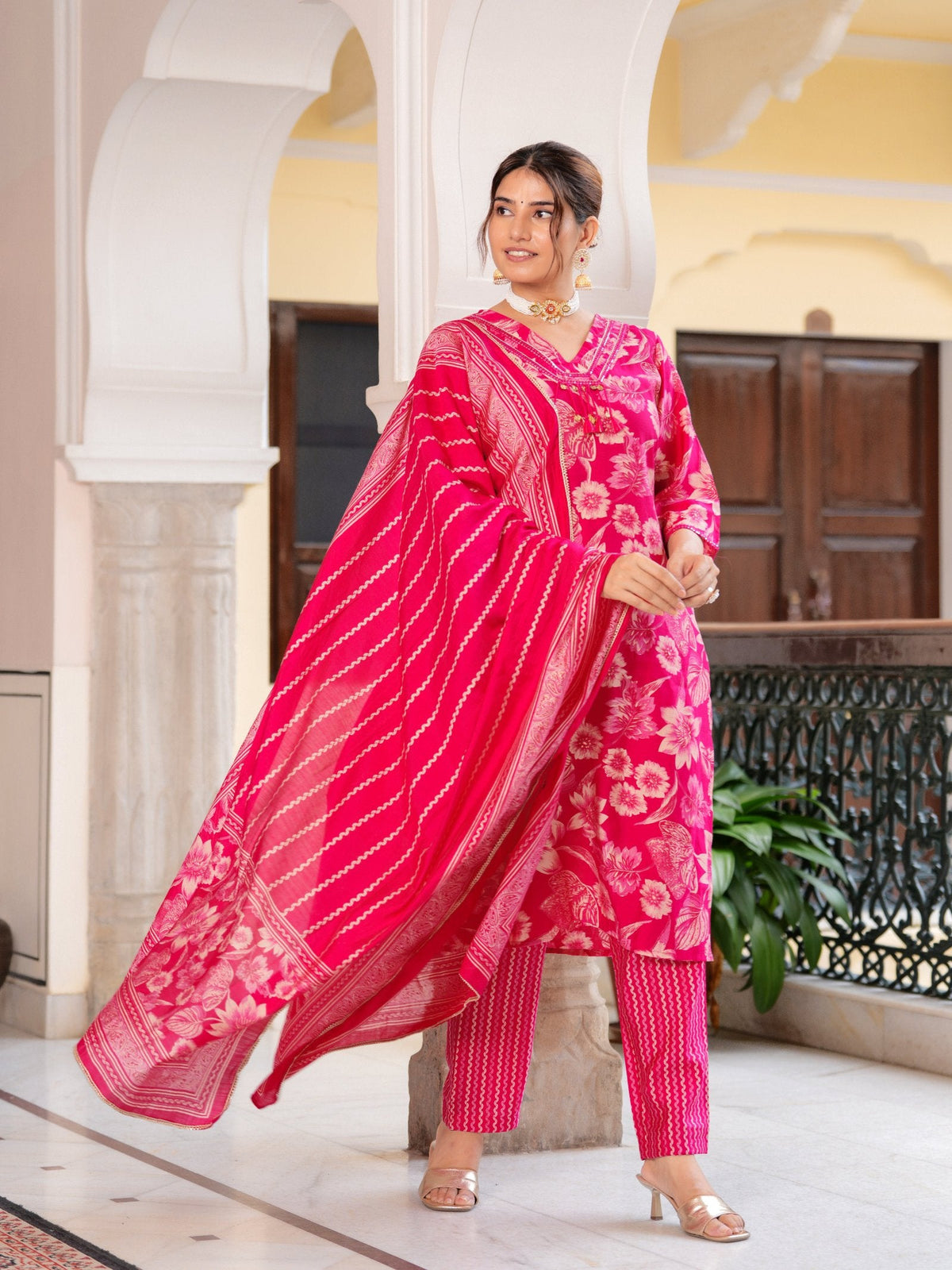 Rangvastra Modal Chanderi Foil Flower Printed Sequins Work Kurta Pant with Dupatta Set