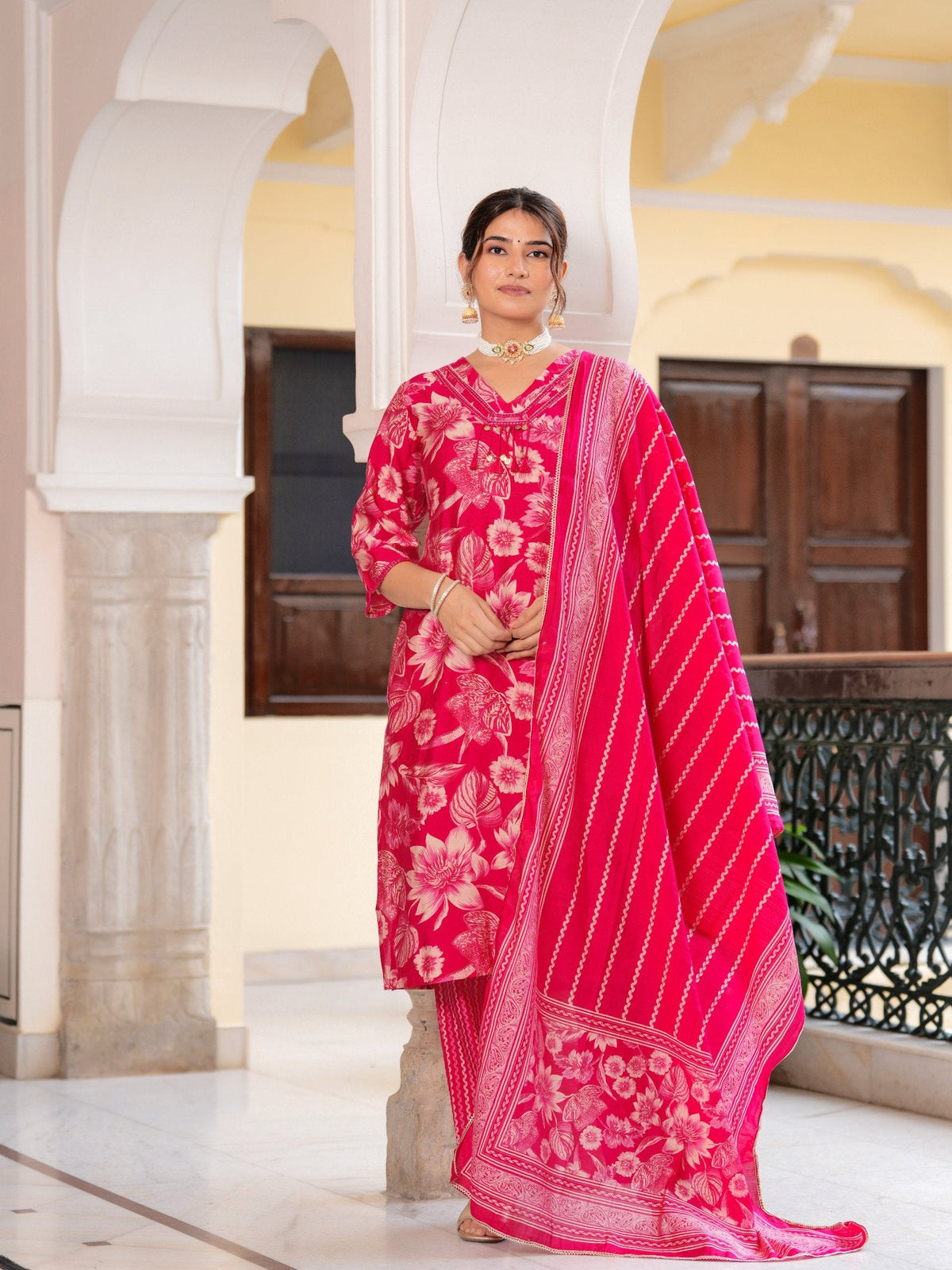 Rangvastra Modal Chanderi Foil Flower Printed Sequins Work Kurta Pant with Dupatta Set