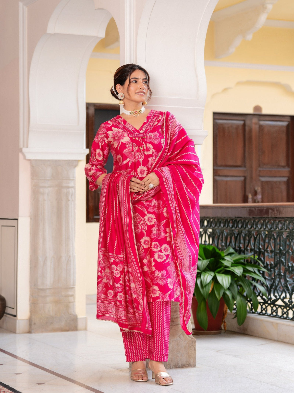 Rangvastra Modal Chanderi Foil Flower Printed Sequins Work Kurta Pant with Dupatta Set