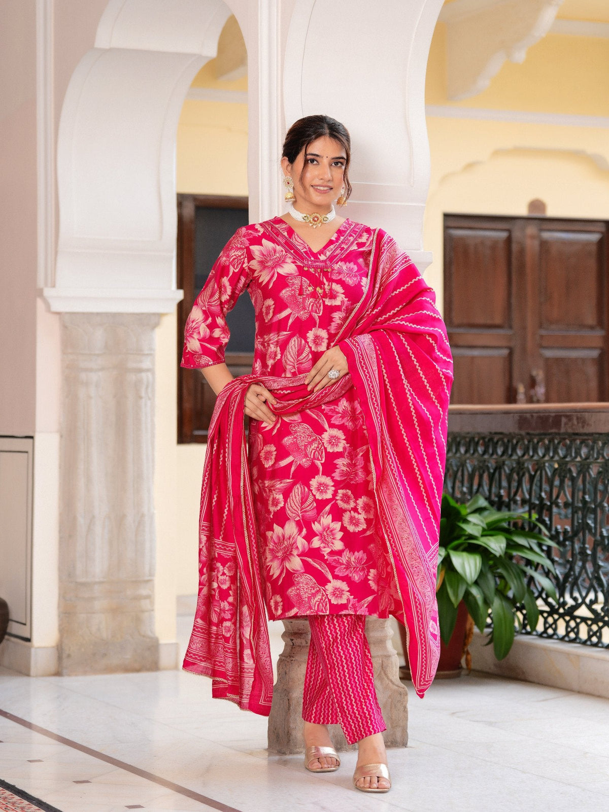 Rangvastra Modal Chanderi Foil Flower Printed Sequins Work Kurta Pant with Dupatta Set