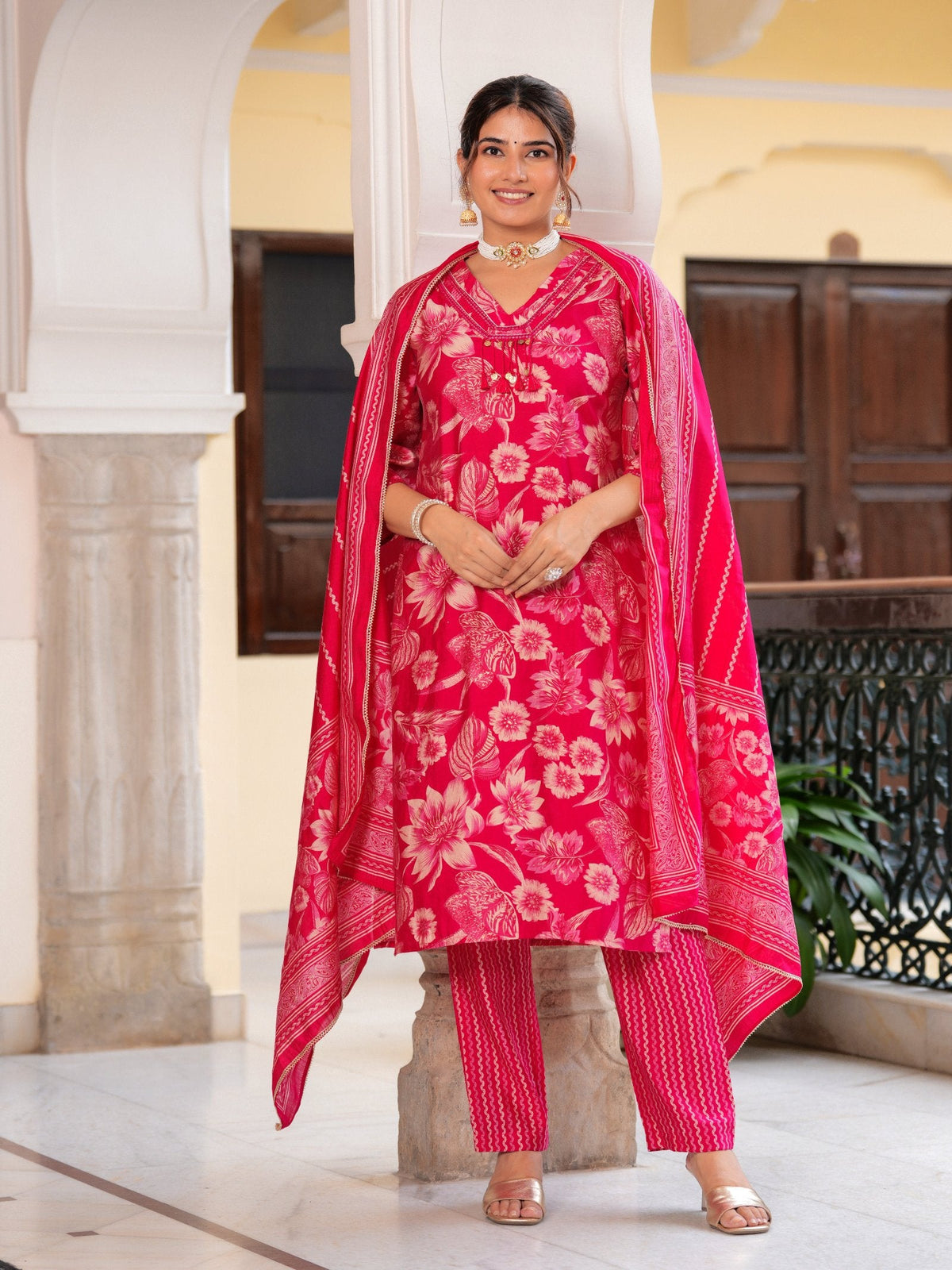 Rangvastra Modal Chanderi Foil Flower Printed Sequins Work Kurta Pant with Dupatta Set