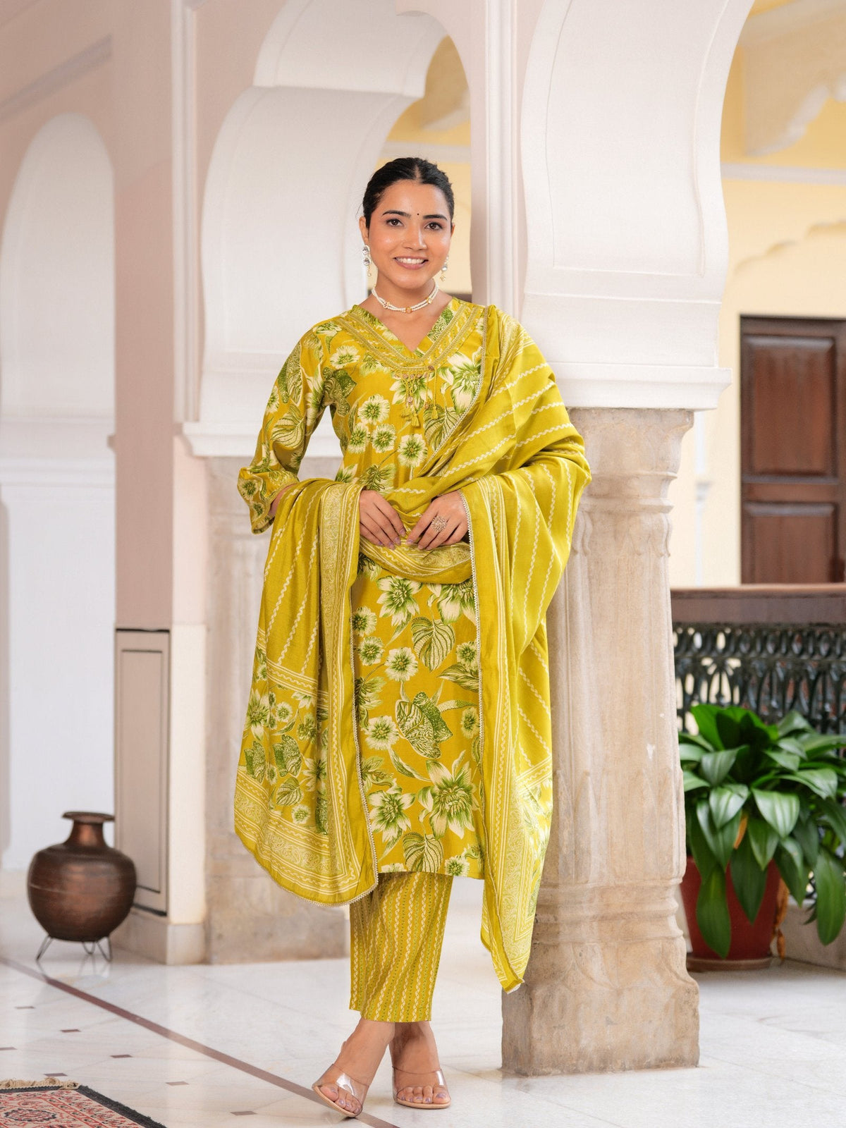 Rangvastra Modal Chanderi Foil Flower Printed Sequins Work Kurta Pant with Dupatta Set