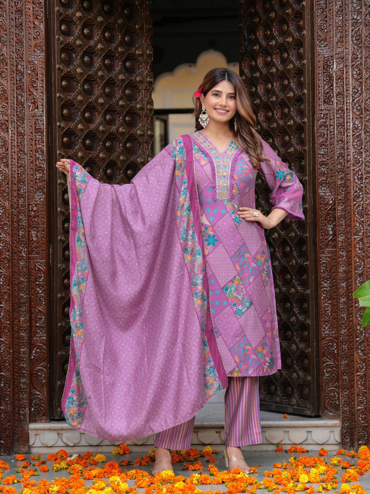 Rangvastra Modal Chanderi Foil Floral Print Sequins Work Kurta Pant with Dupatta Set