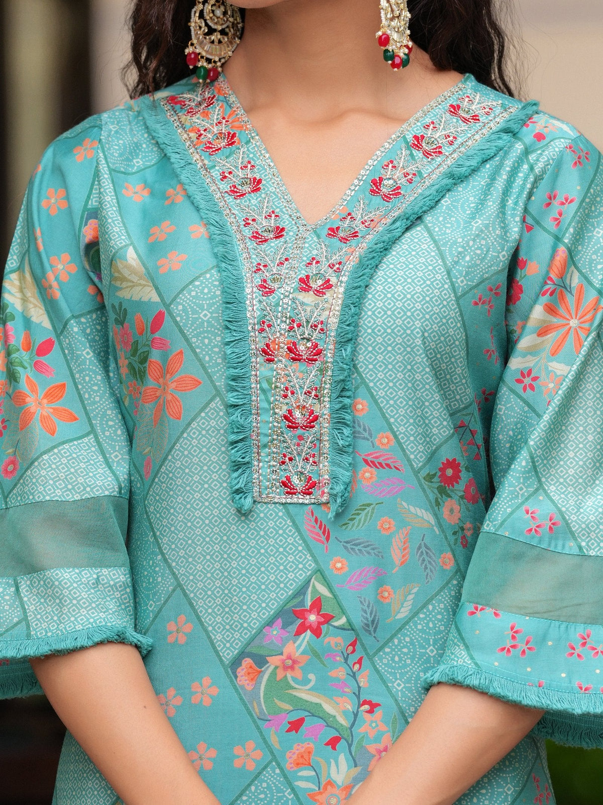 Rangvastra Modal Chanderi Foil Floral Print Sequins Work Kurta Pant with Dupatta Set