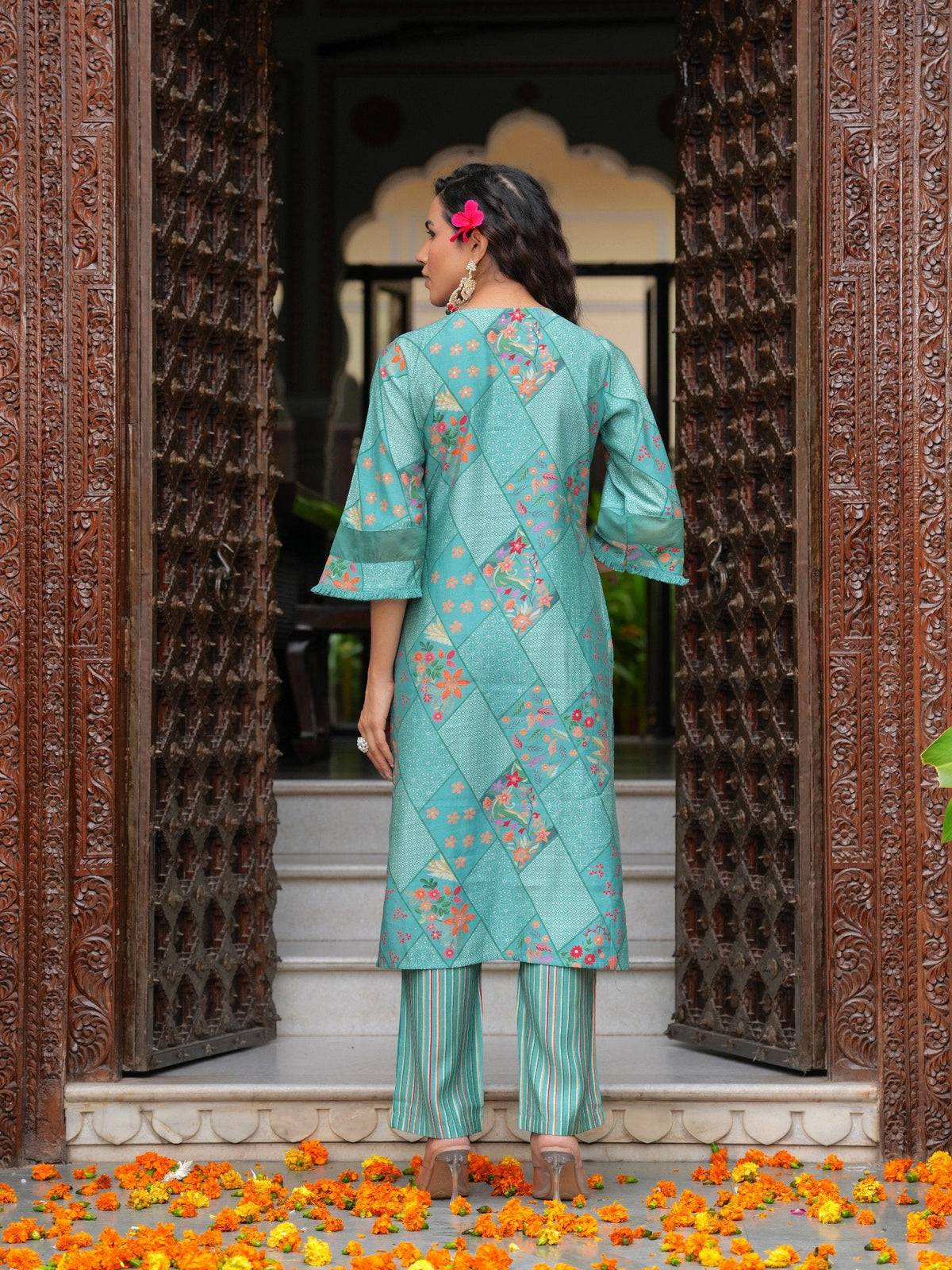 Rangvastra Modal Chanderi Foil Floral Print Sequins Work Kurta Pant with Dupatta Set
