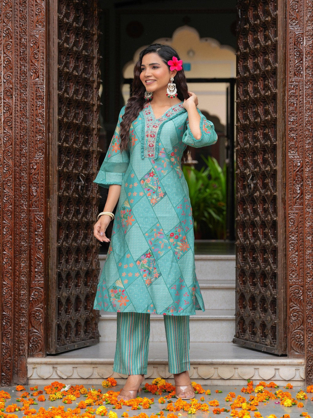 Rangvastra Modal Chanderi Foil Floral Print Sequins Work Kurta Pant with Dupatta Set