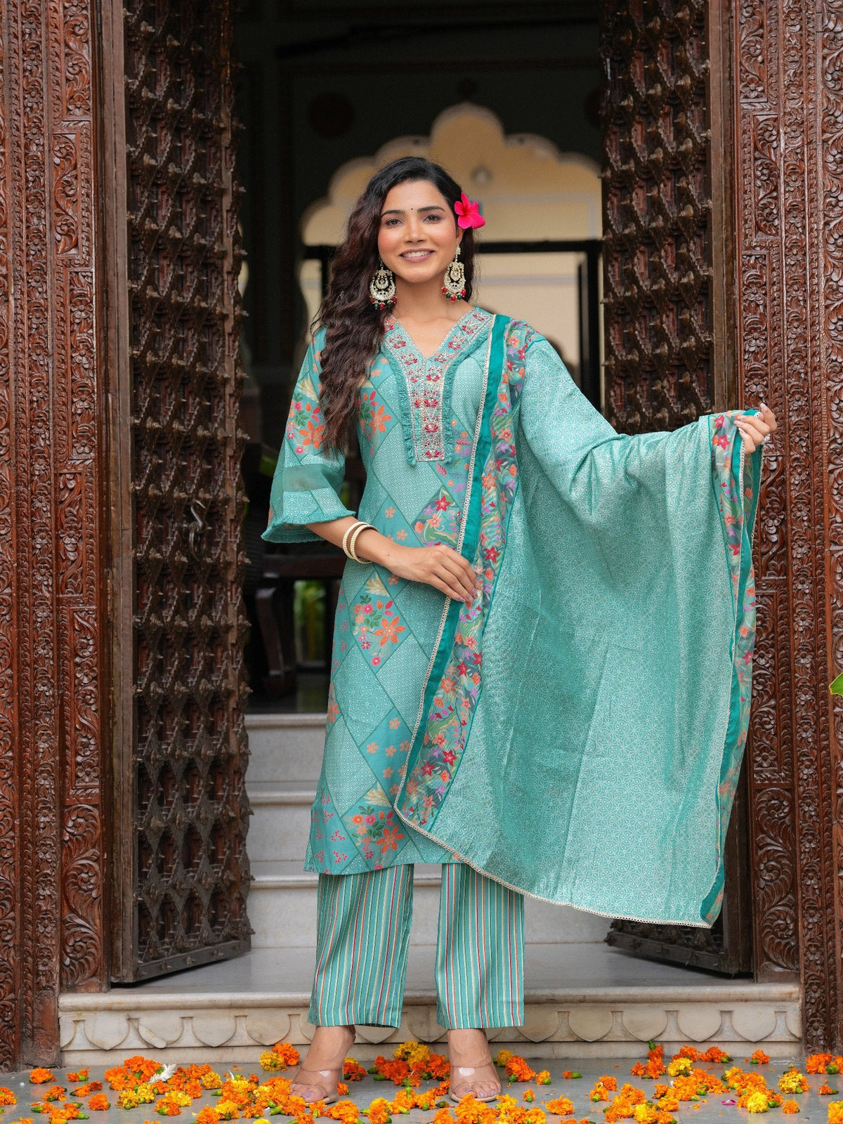 Rangvastra Modal Chanderi Foil Floral Print Sequins Work Kurta Pant with Dupatta Set