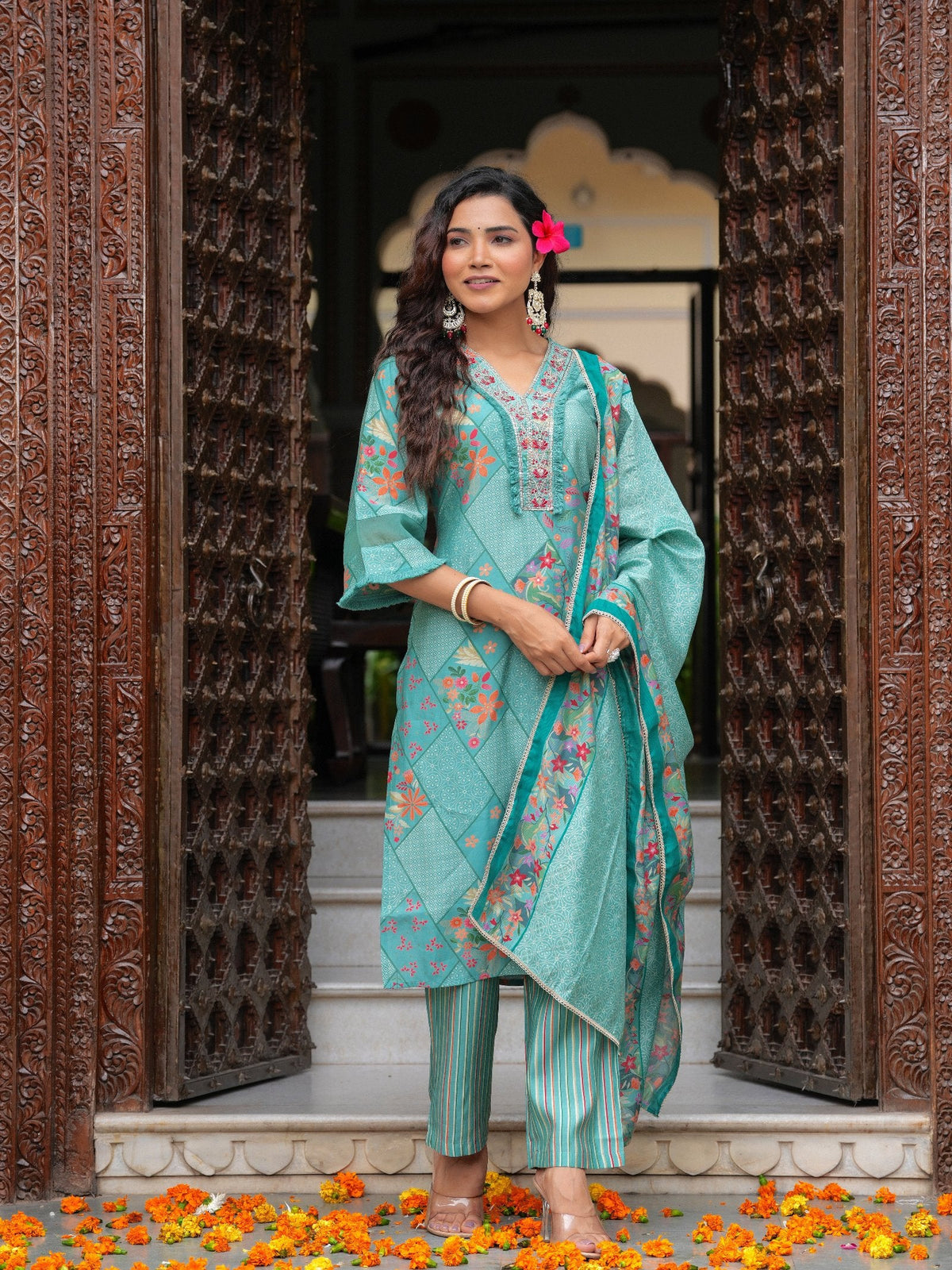 Rangvastra Modal Chanderi Foil Floral Print Sequins Work Kurta Pant with Dupatta Set