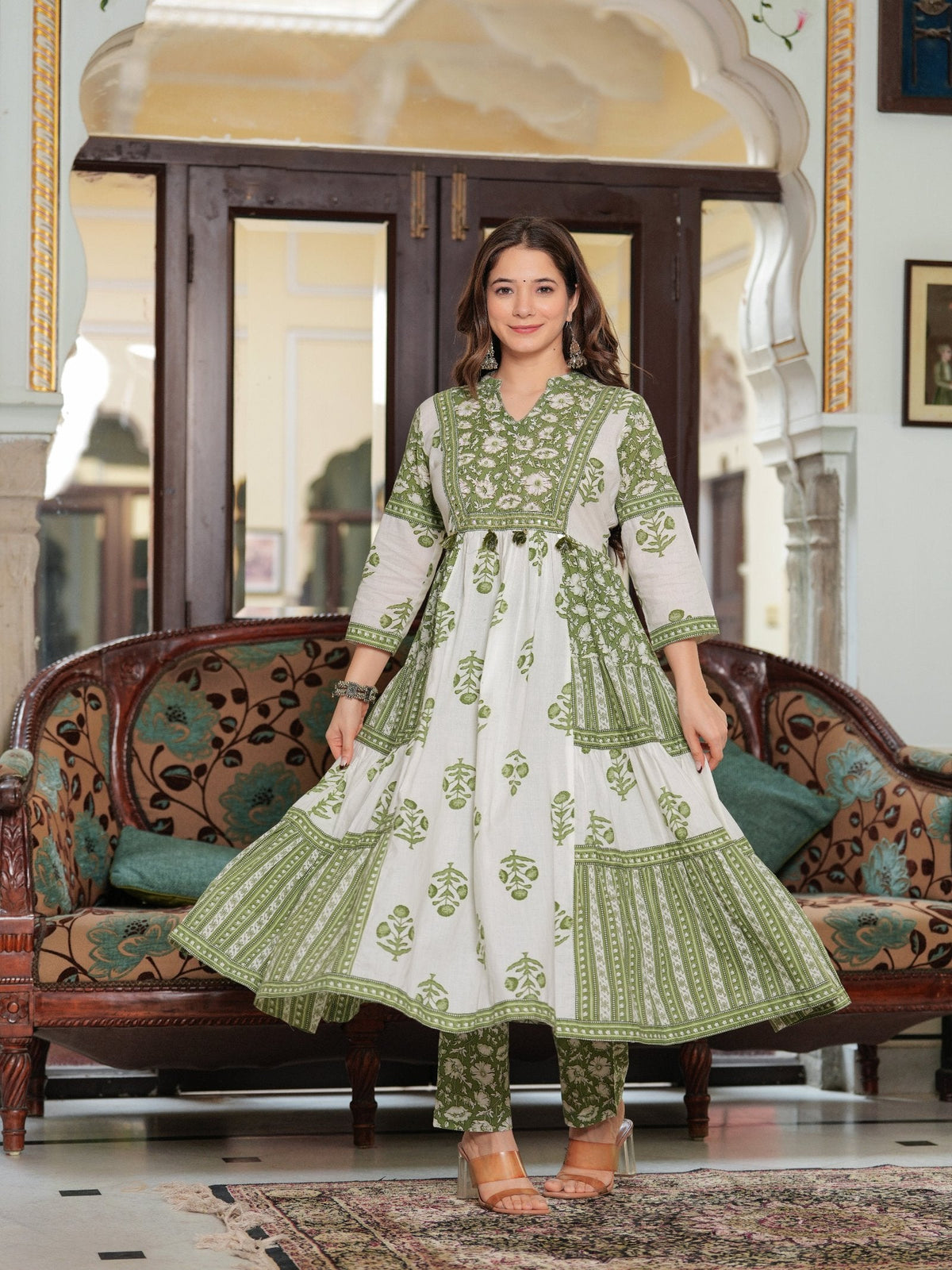 Rangvastra Cotton Floral Printed Sequins Work Kurta Pant with Dupatta Set