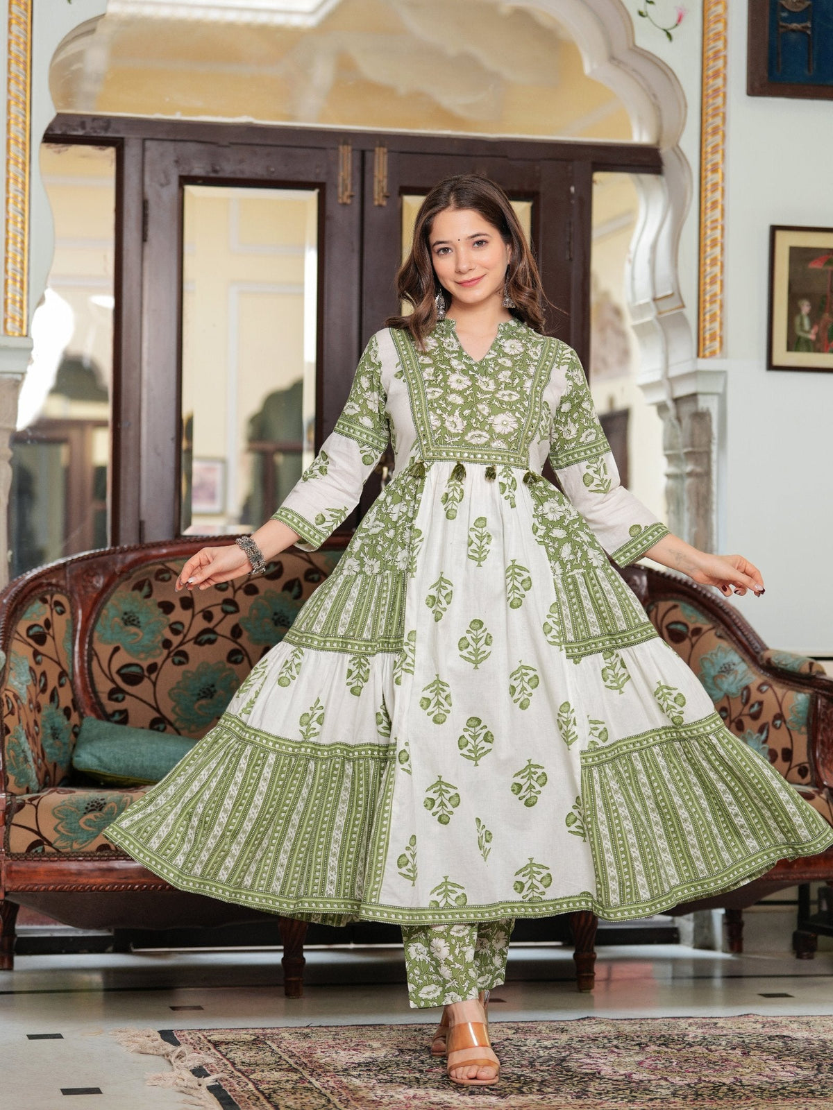 Rangvastra Cotton Floral Printed Sequins Work Kurta Pant with Dupatta Set