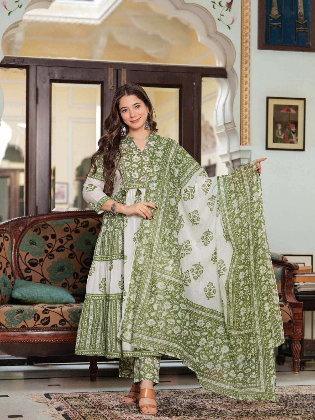 Rangvastra Cotton Floral Printed Sequins Work Kurta Pant with Dupatta Set