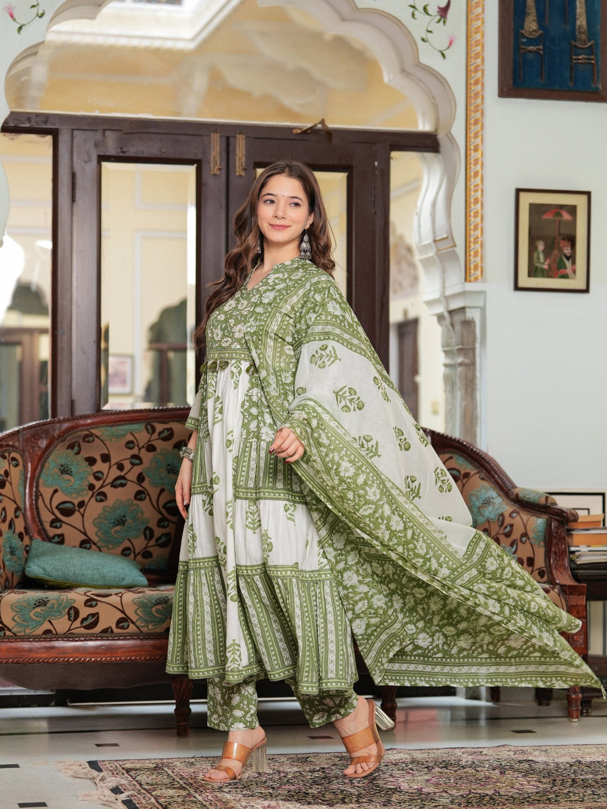 Rangvastra Cotton Floral Printed Sequins Work Kurta Pant with Dupatta Set