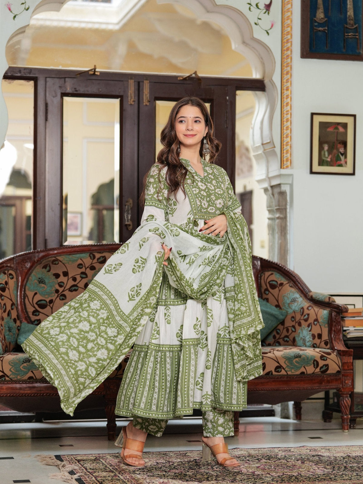 Rangvastra Cotton Floral Printed Sequins Work Kurta Pant with Dupatta Set