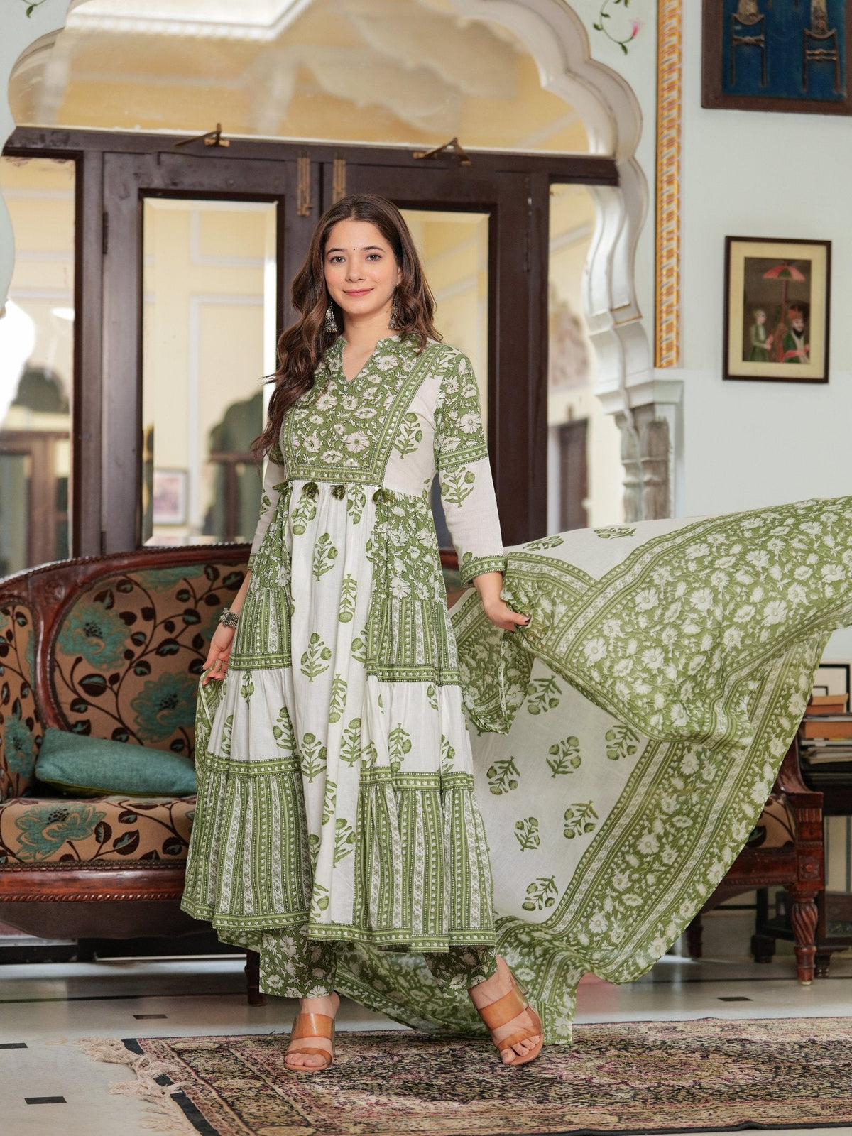 Rangvastra Cotton Floral Printed Sequins Work Kurta Pant with Dupatta Set