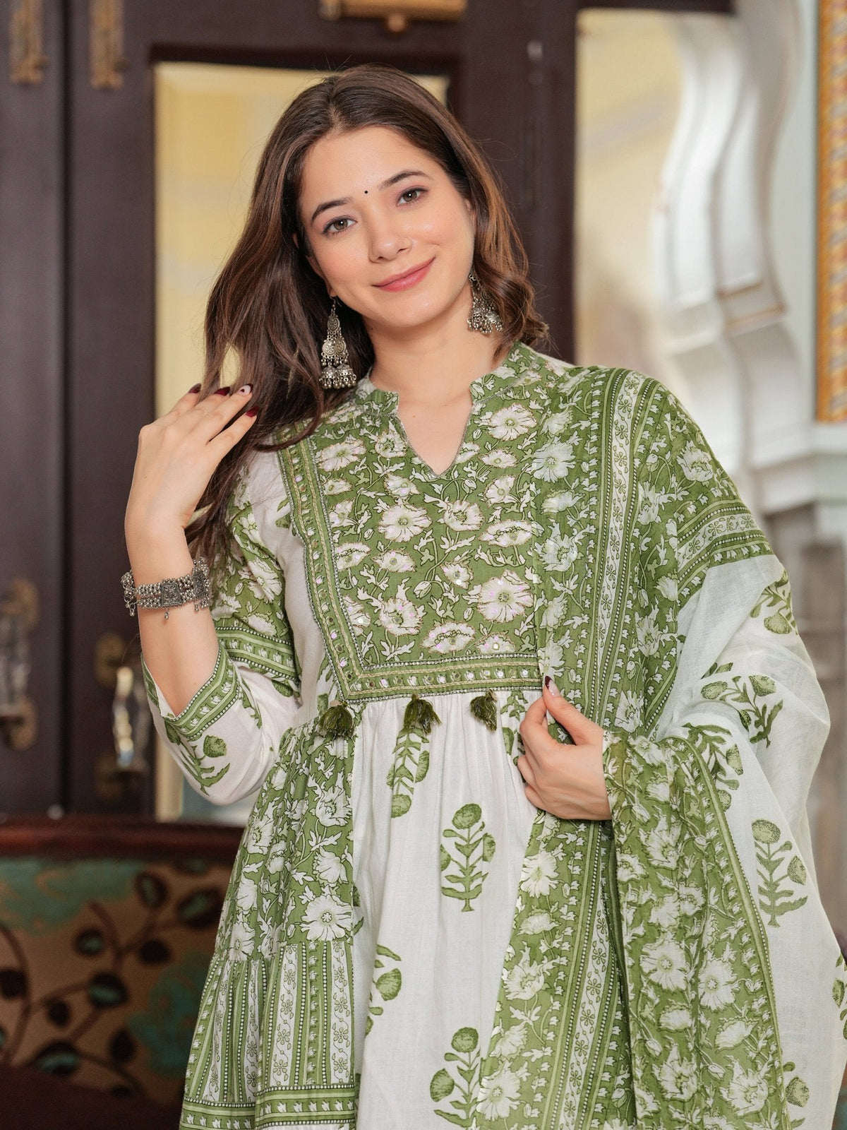 Rangvastra Cotton Floral Printed Sequins Work Kurta Pant with Dupatta Set