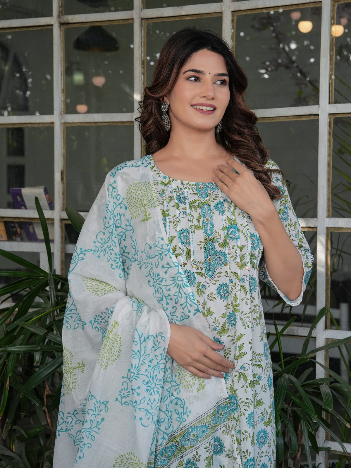 Rangvastra Cotton White-Green Floral Printed Straight Kurta Set with Dupatta