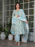 Rangvastra Cotton White-Green Floral Printed Straight Kurta Set with Dupatta