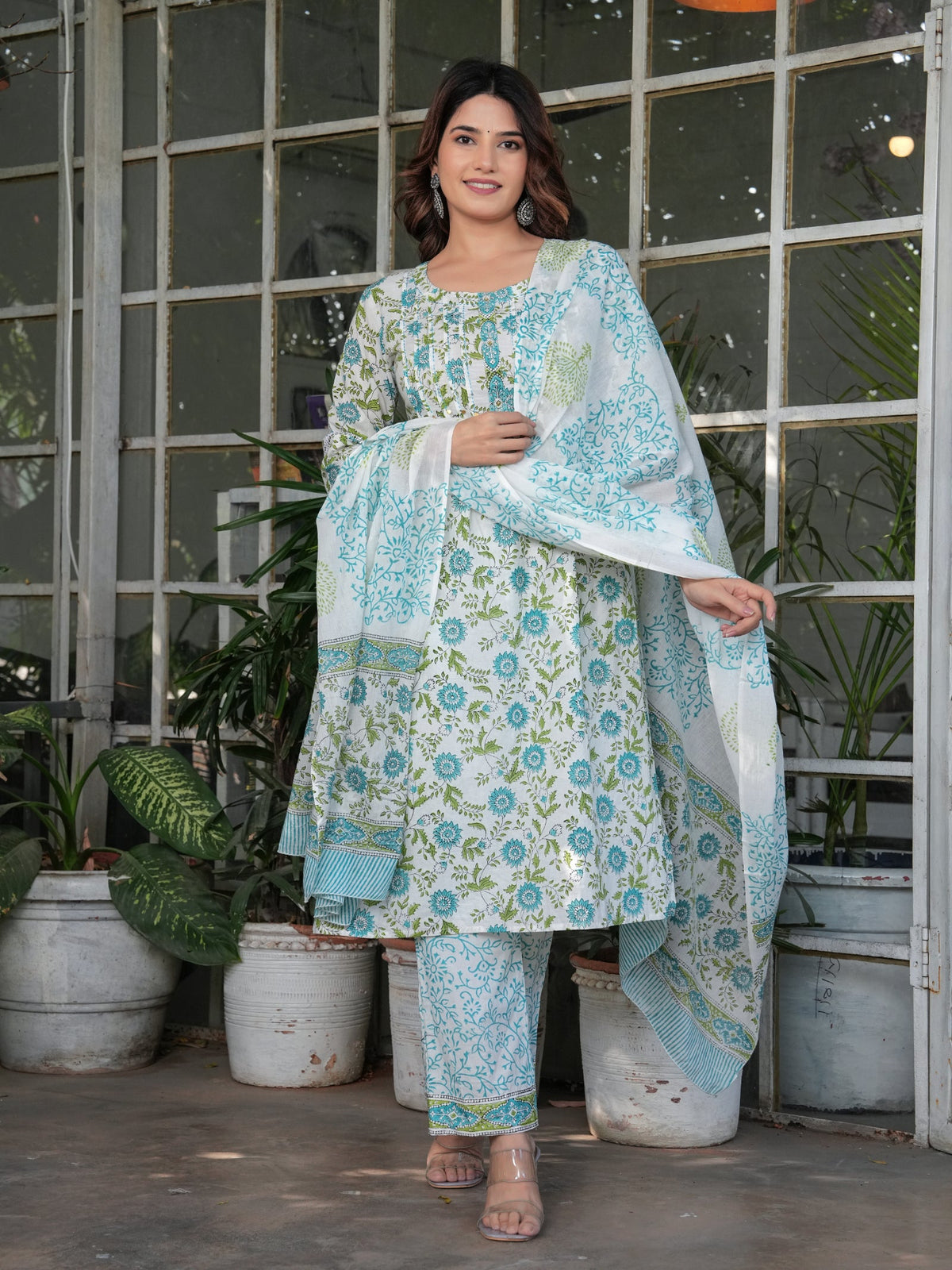 Rangvastra Cotton White-Green Floral Printed Straight Kurta Set with Dupatta