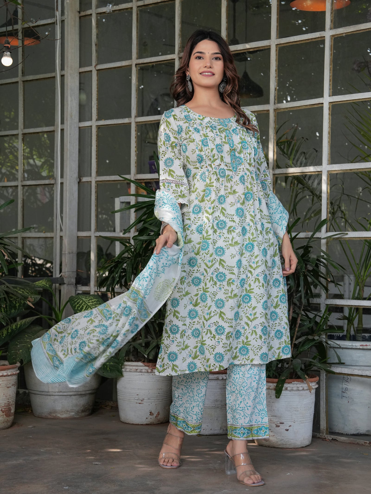 Rangvastra Cotton White-Green Floral Printed Straight Kurta Set with Dupatta