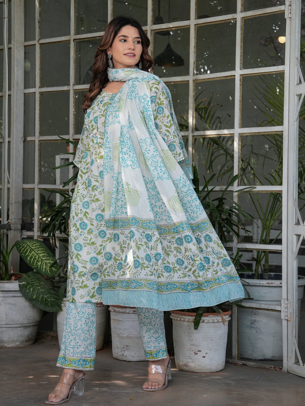 Rangvastra Cotton White-Green Floral Printed Straight Kurta Set with Dupatta
