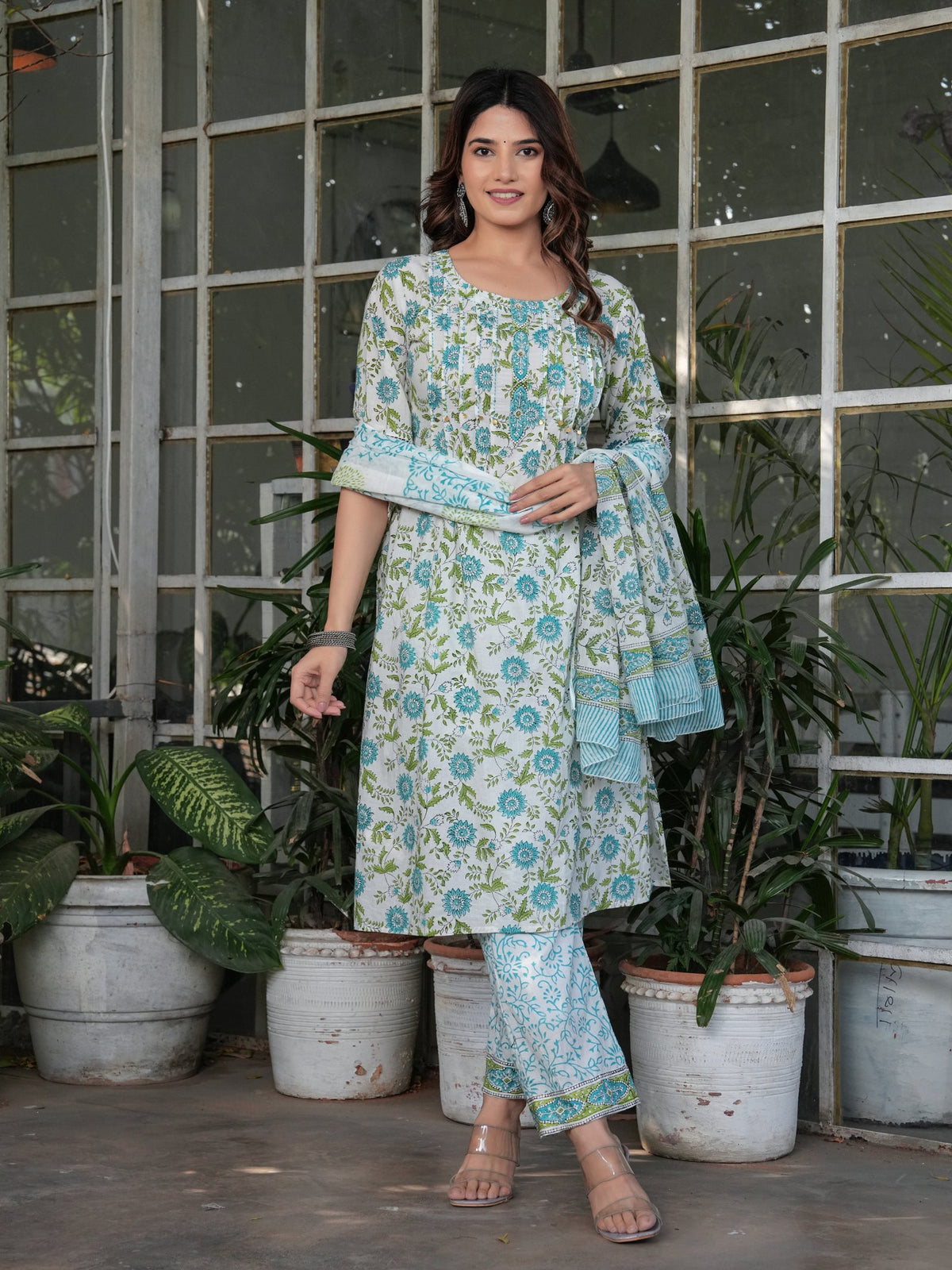 Rangvastra Cotton White-Green Floral Printed Straight Kurta Set with Dupatta