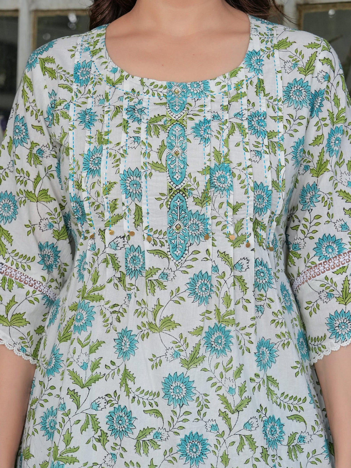 Rangvastra Cotton White-Green Floral Printed Straight Kurta Set with Dupatta