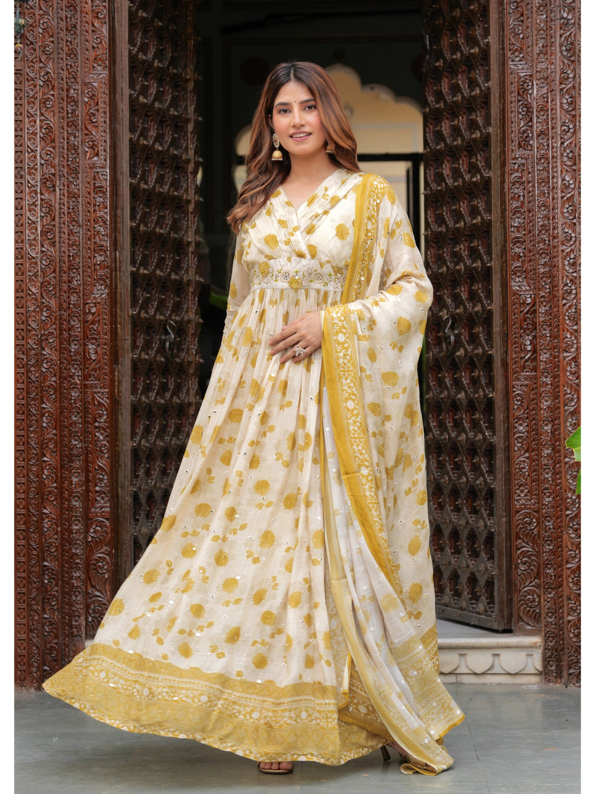 Rangvastra Beige Printed Kurta Duptta Set