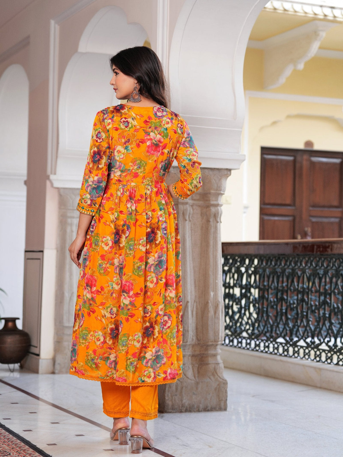Rangvastra  Chinon Floral Print Embroidery with Mirror Work Anarkali Kurta Pant with Dupatta Set