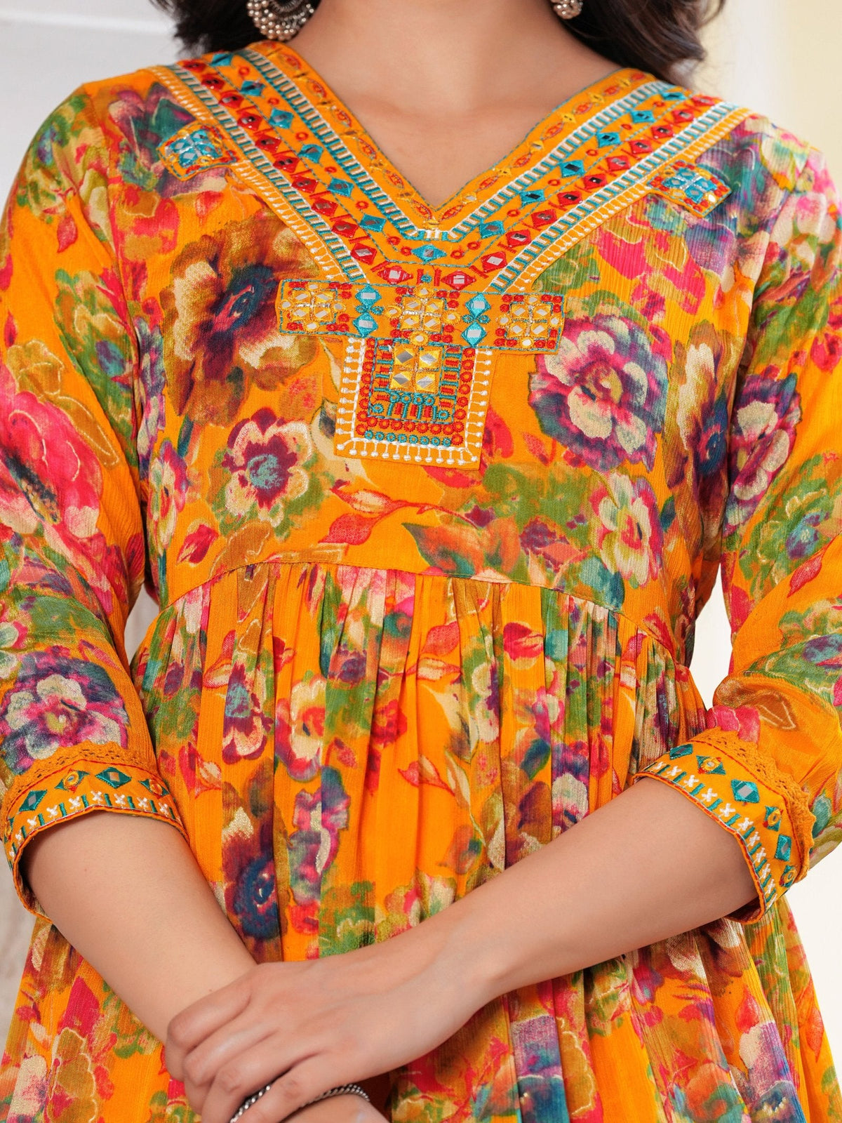 Rangvastra  Chinon Floral Print Embroidery with Mirror Work Anarkali Kurta Pant with Dupatta Set