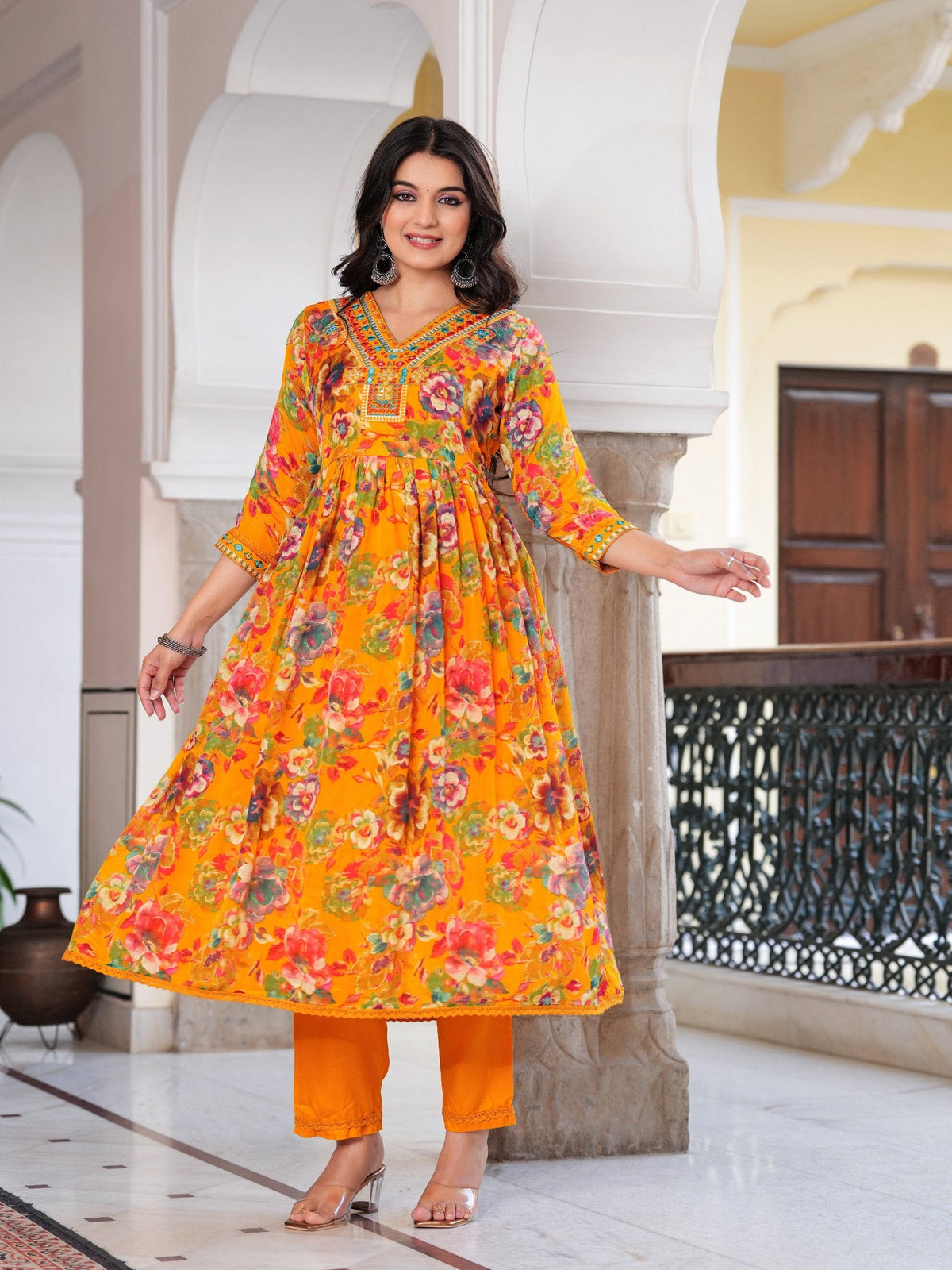 Rangvastra  Chinon Floral Print Embroidery with Mirror Work Anarkali Kurta Pant with Dupatta Set