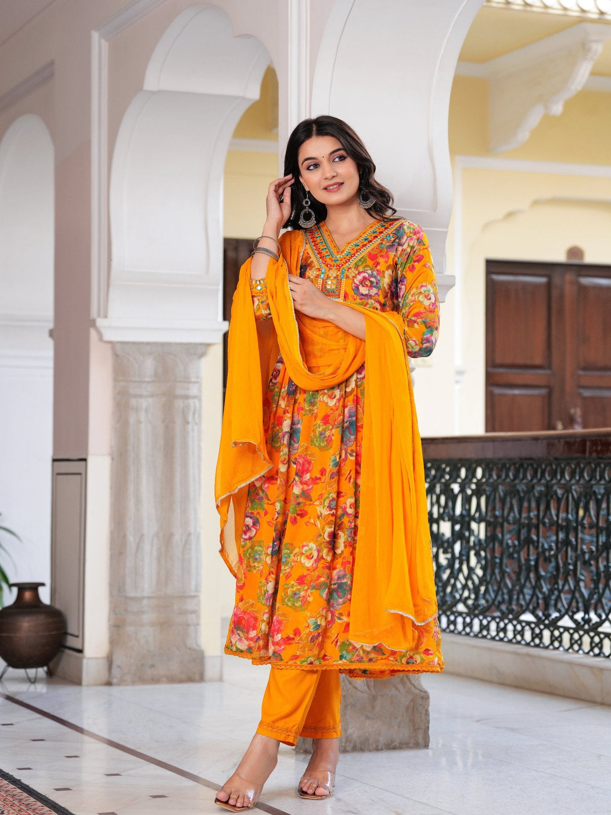 Rangvastra  Chinon Floral Print Embroidery with Mirror Work Anarkali Kurta Pant with Dupatta Set