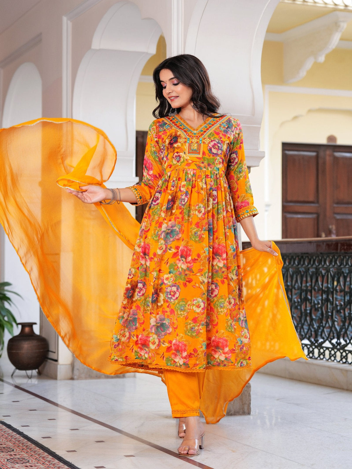Rangvastra  Chinon Floral Print Embroidery with Mirror Work Anarkali Kurta Pant with Dupatta Set