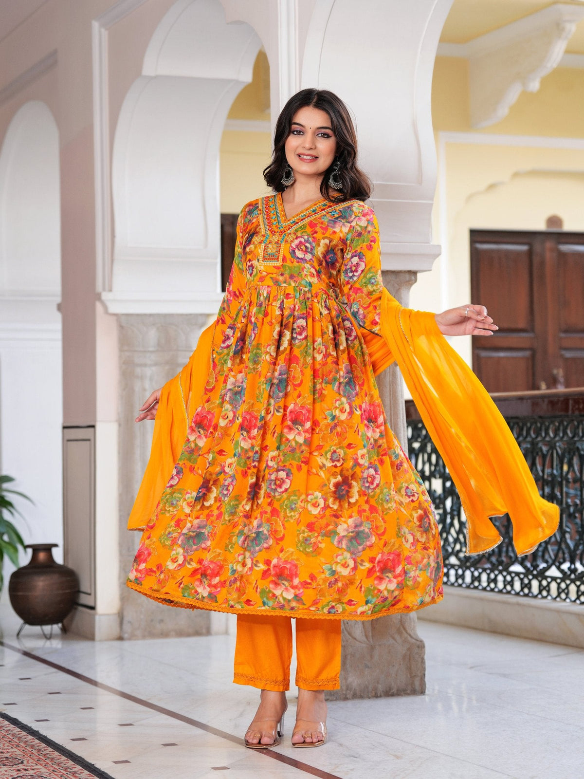 Rangvastra  Chinon Floral Print Embroidery with Mirror Work Anarkali Kurta Pant with Dupatta Set