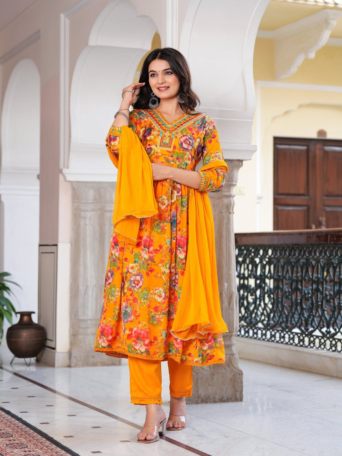 Rangvastra  Chinon Floral Print Embroidery with Mirror Work Anarkali Kurta Pant with Dupatta Set