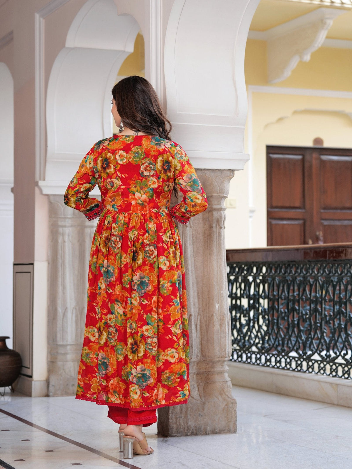 Rangvastra  Chinon Floral Print Embroidery with Mirror Work Anarkali Kurta Pant with Dupatta Set