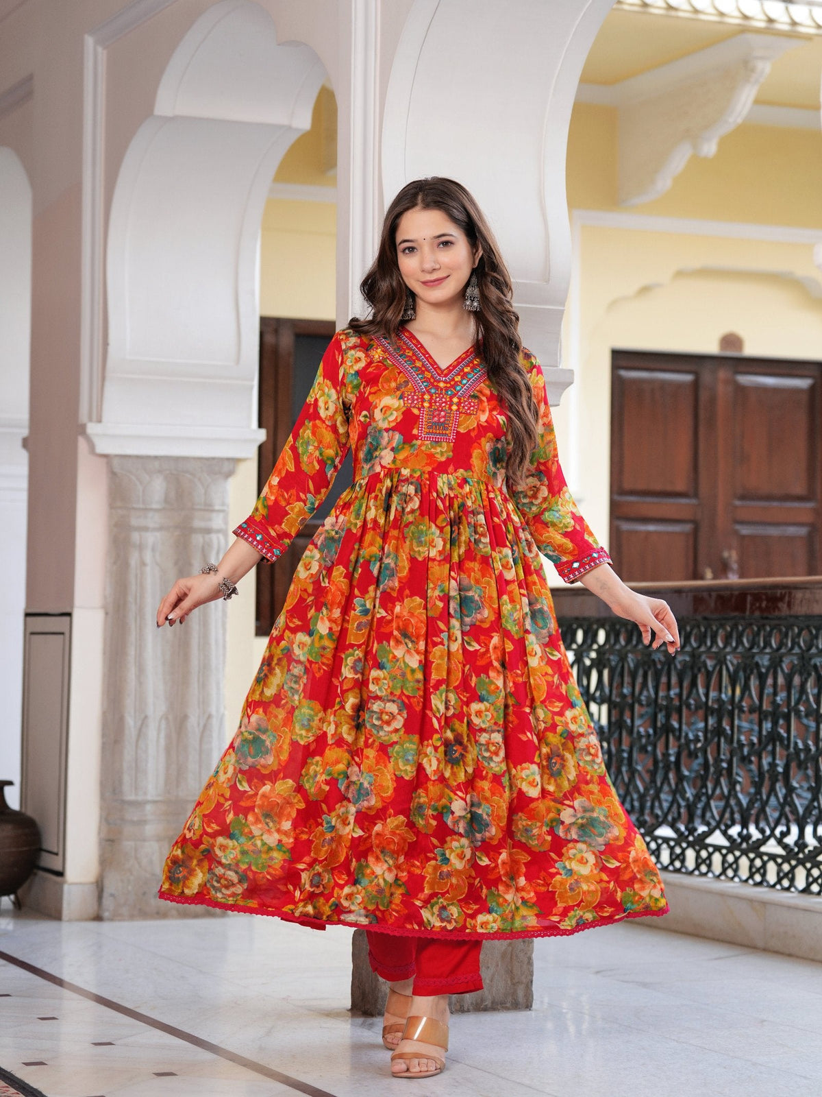 Rangvastra  Chinon Floral Print Embroidery with Mirror Work Anarkali Kurta Pant with Dupatta Set