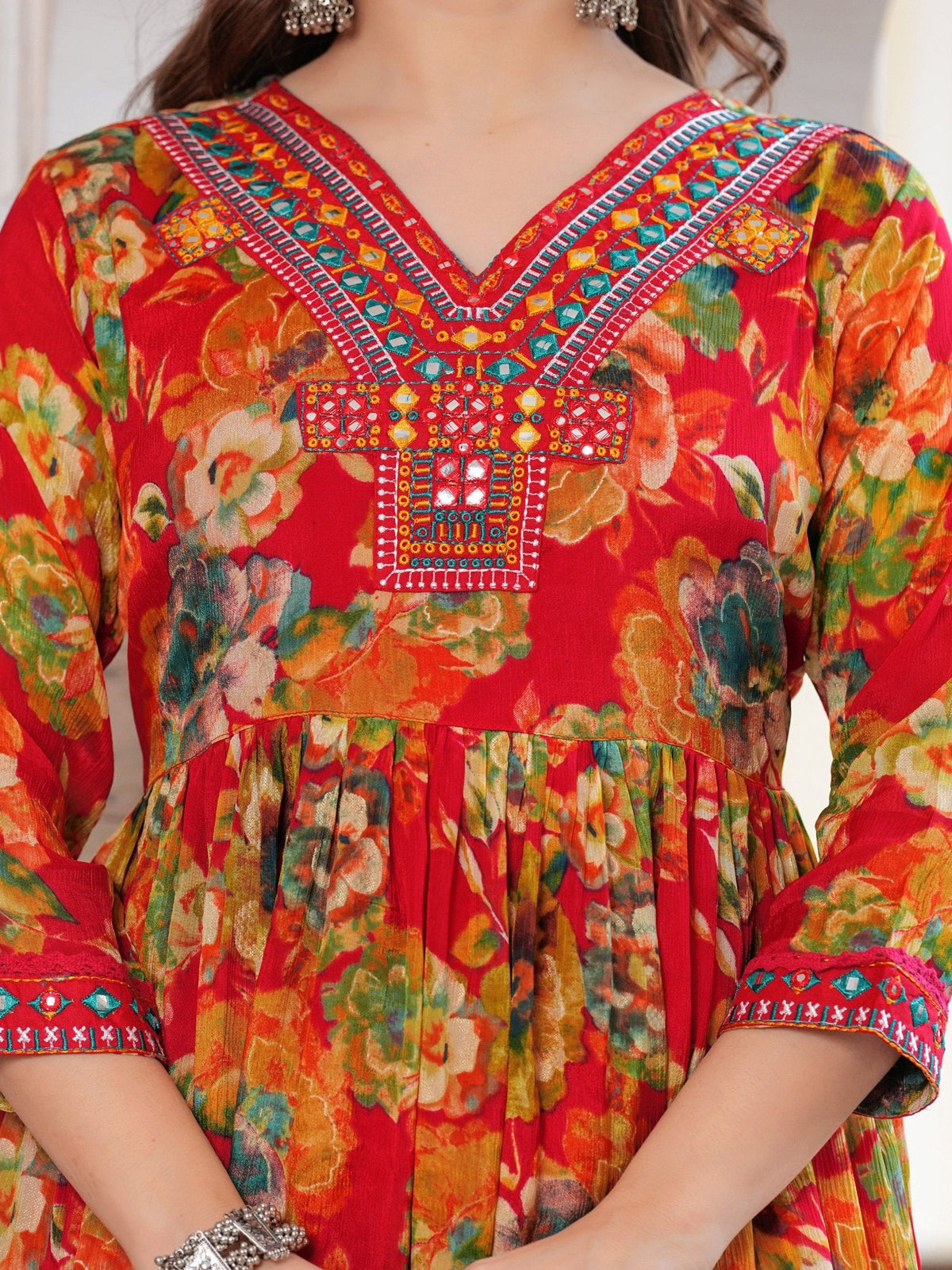 Rangvastra  Chinon Floral Print Embroidery with Mirror Work Anarkali Kurta Pant with Dupatta Set