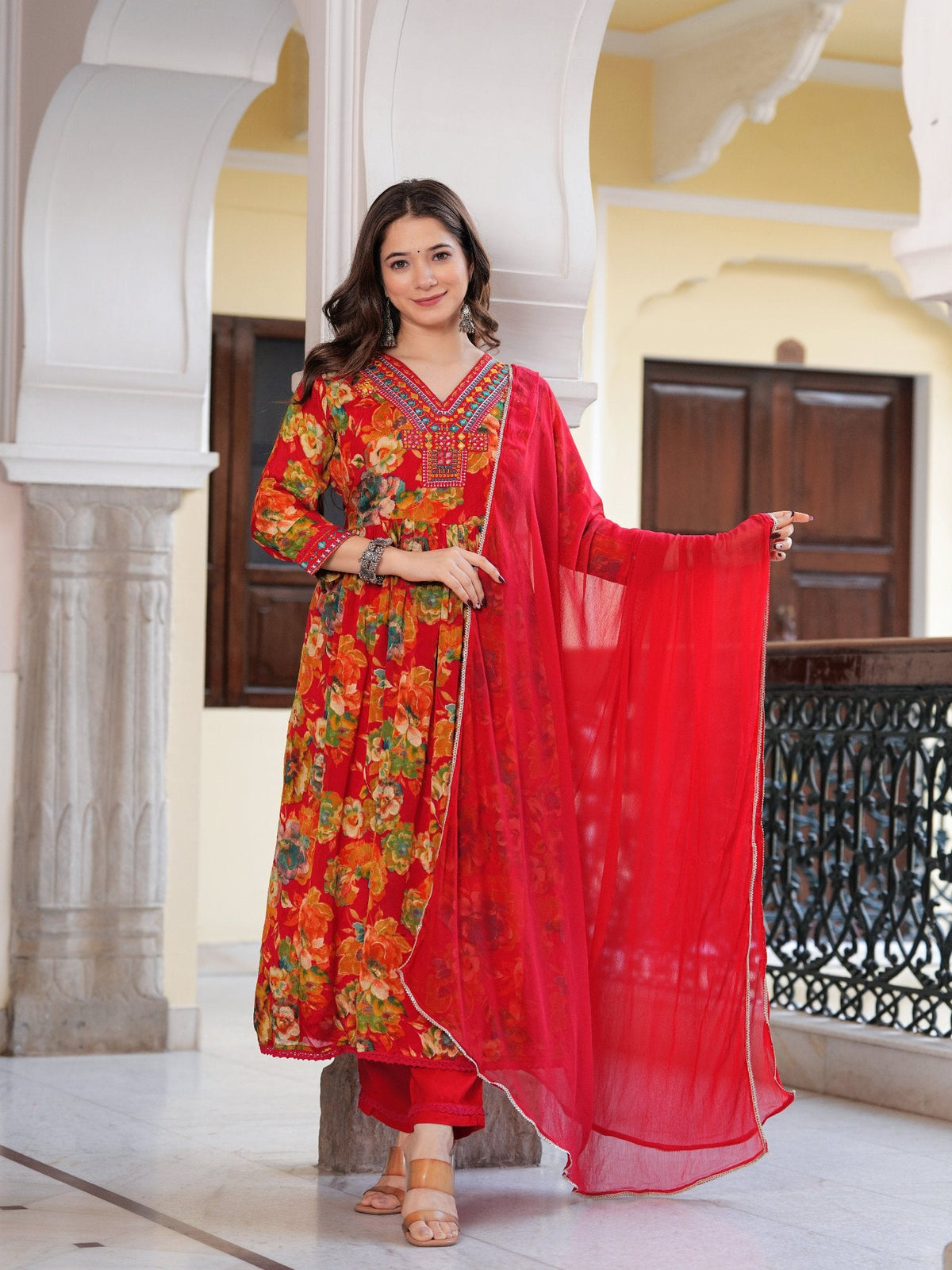 Rangvastra  Chinon Floral Print Embroidery with Mirror Work Anarkali Kurta Pant with Dupatta Set