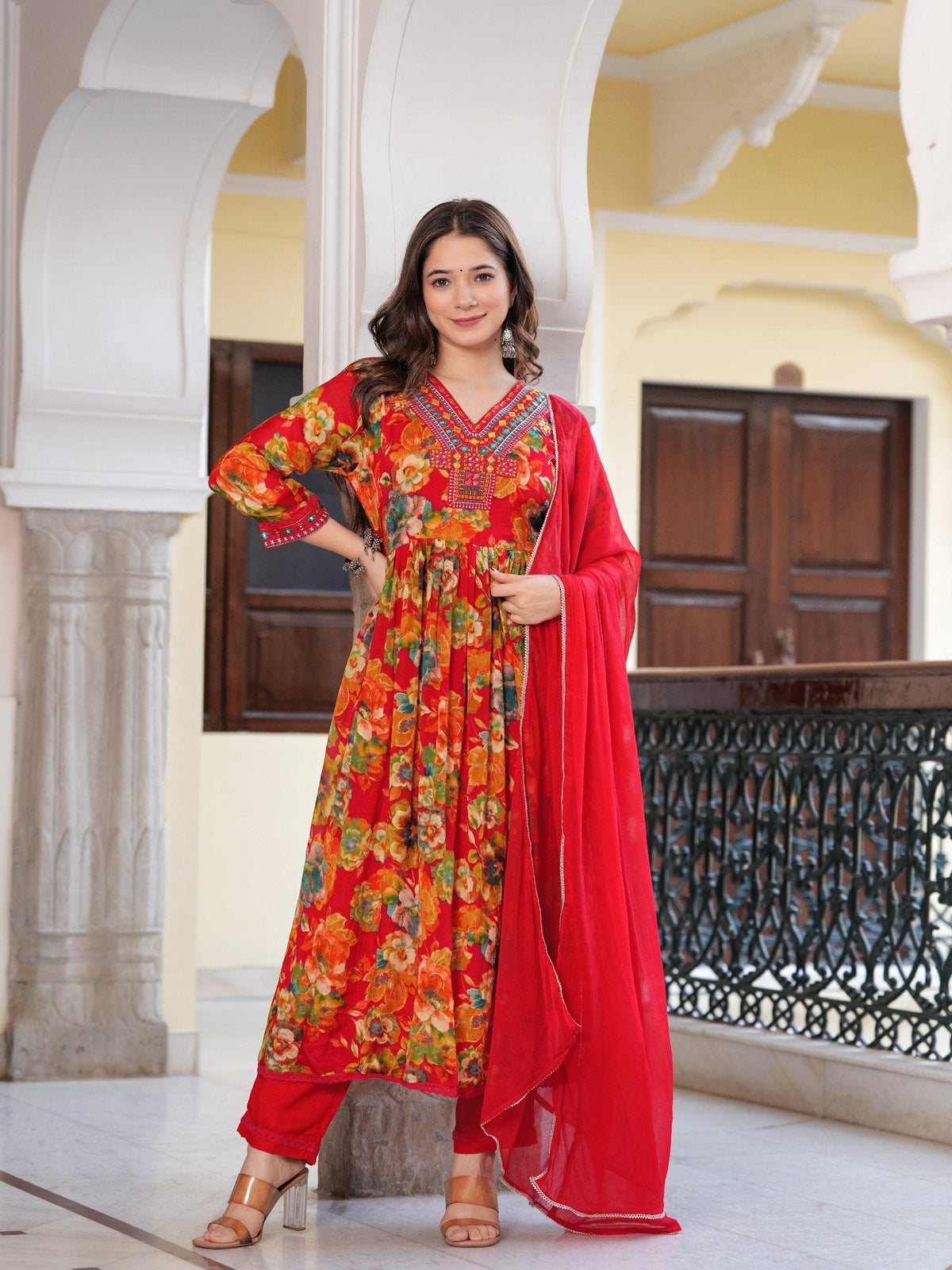 Rangvastra  Chinon Floral Print Embroidery with Mirror Work Anarkali Kurta Pant with Dupatta Set