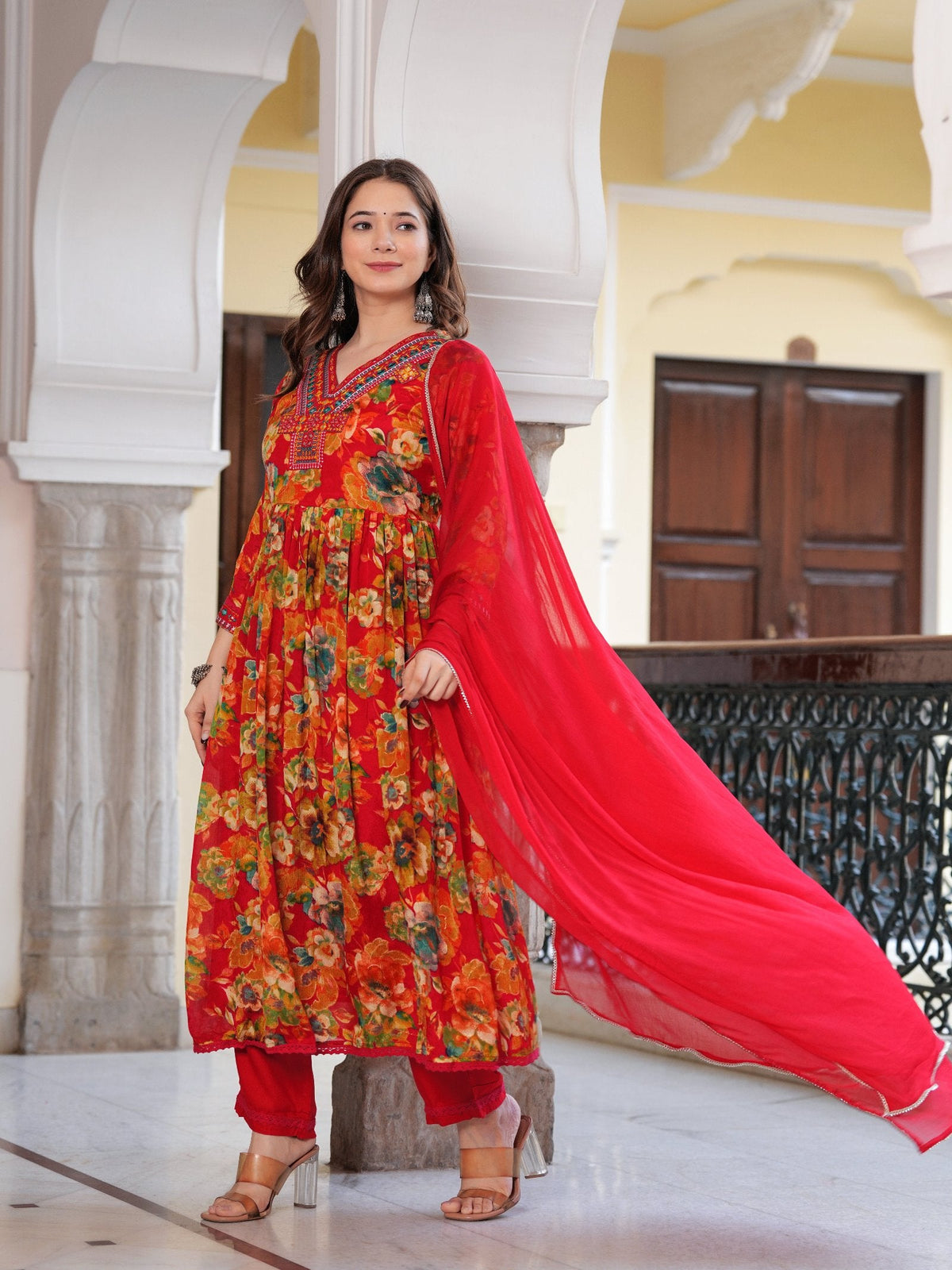 Rangvastra  Chinon Floral Print Embroidery with Mirror Work Anarkali Kurta Pant with Dupatta Set
