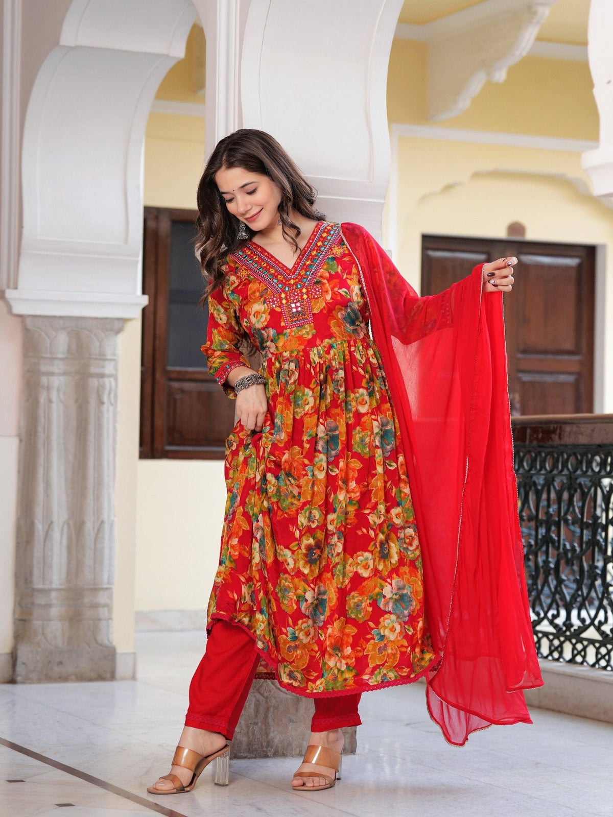 Rangvastra  Chinon Floral Print Embroidery with Mirror Work Anarkali Kurta Pant with Dupatta Set