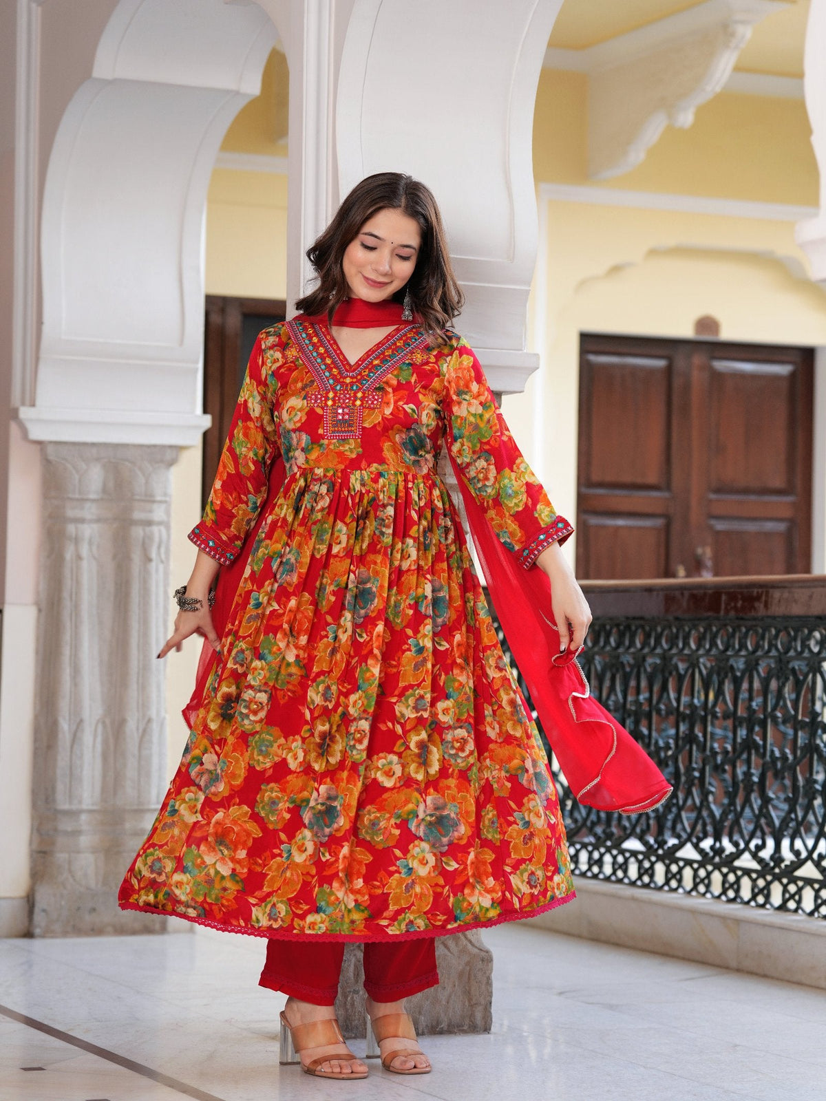 Rangvastra  Chinon Floral Print Embroidery with Mirror Work Anarkali Kurta Pant with Dupatta Set
