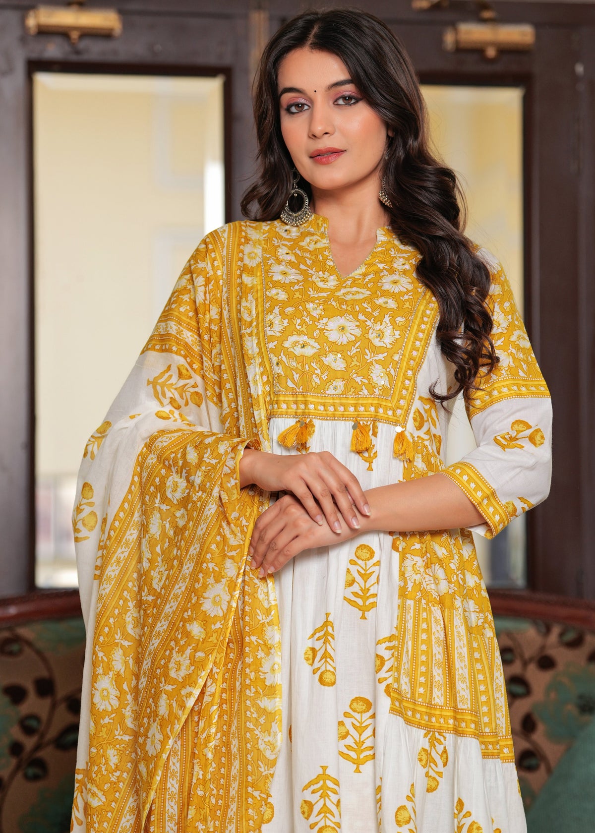 Rangvastra Cotton Floral Printed Sequins Work Kurta Pant with Dupatta Set